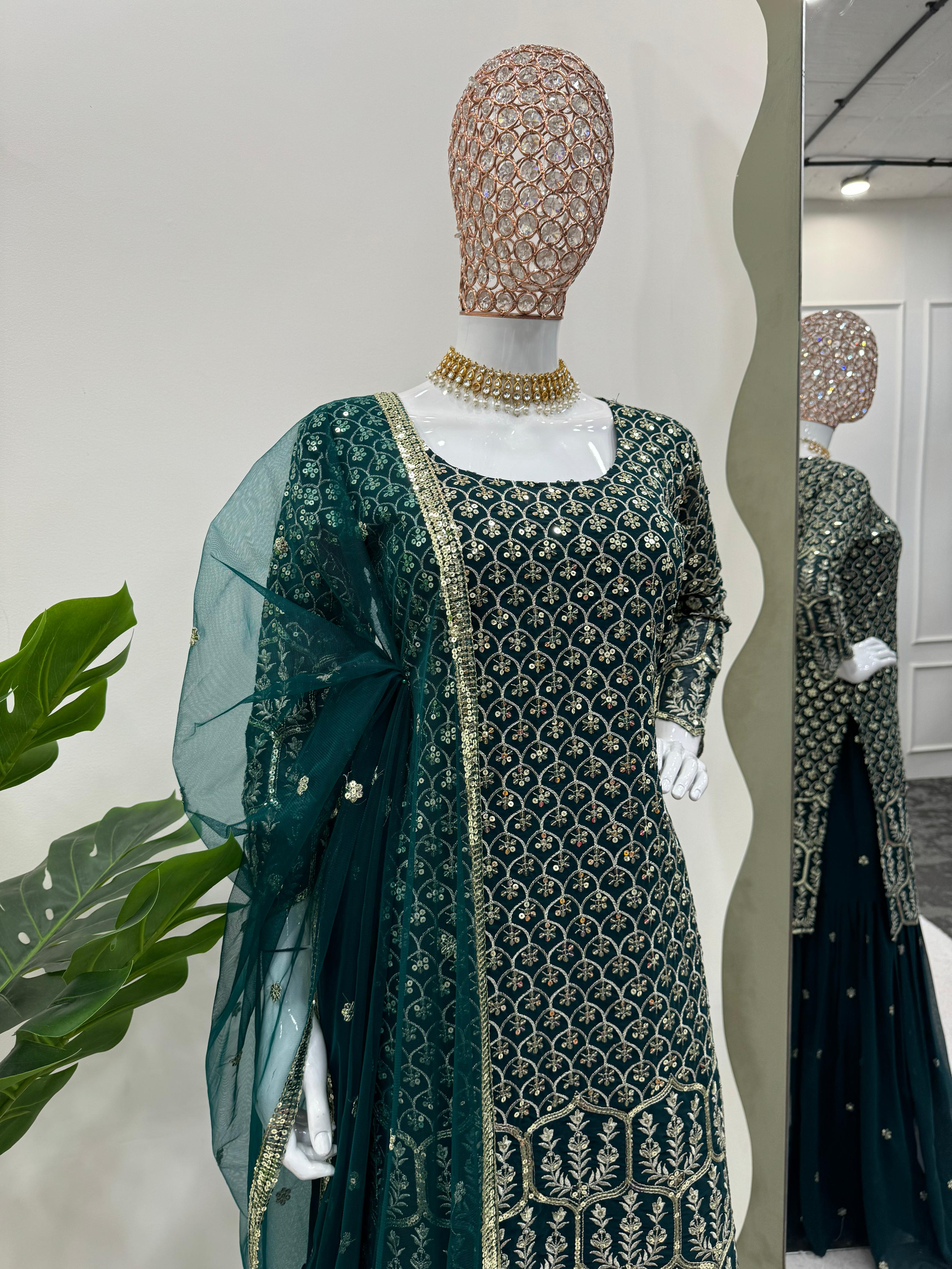 Designer georgette suit with sequin-thread work, sharara, and net dupatta