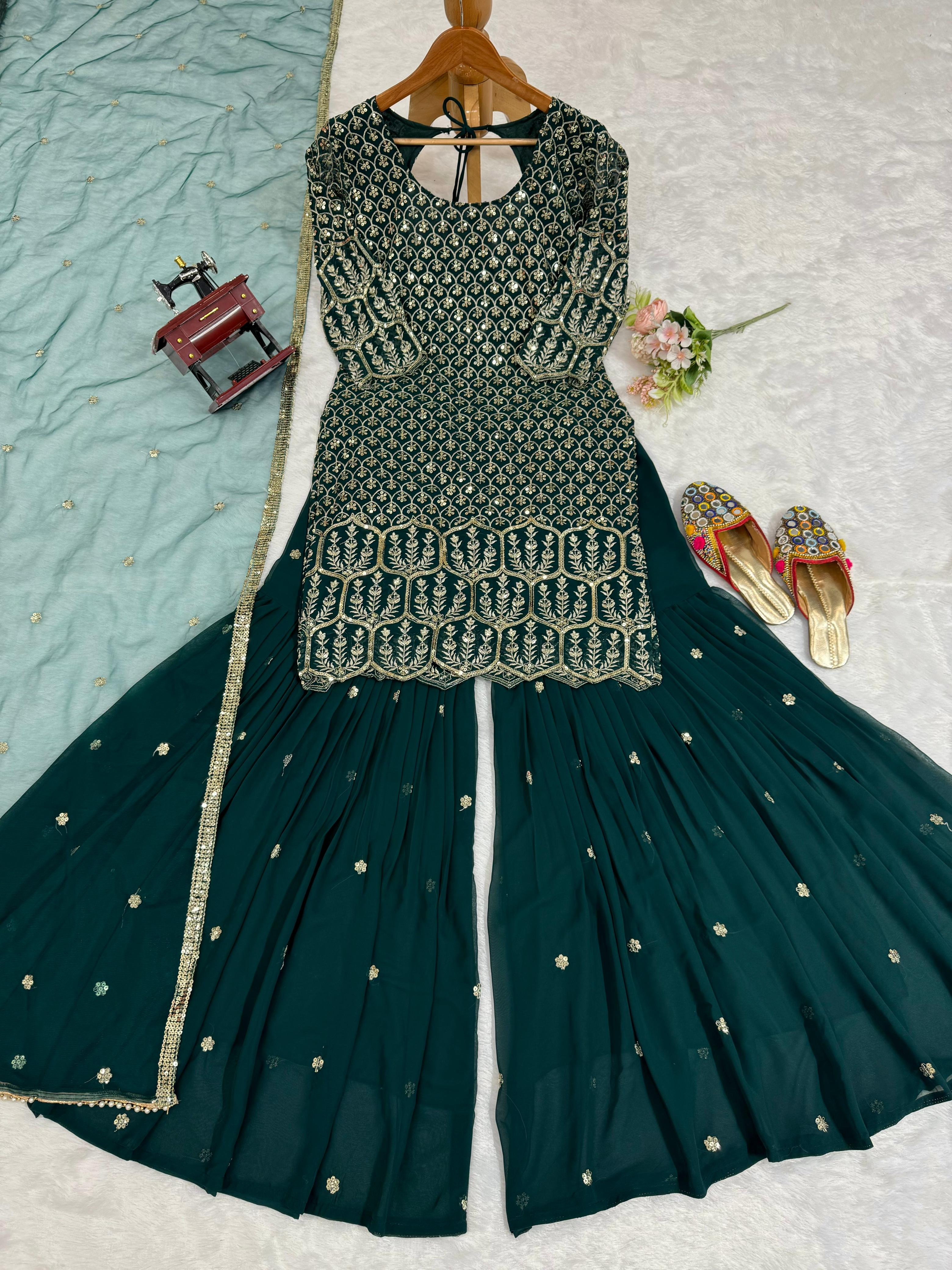 Designer georgette suit with sequin-thread work, sharara, and net dupatta