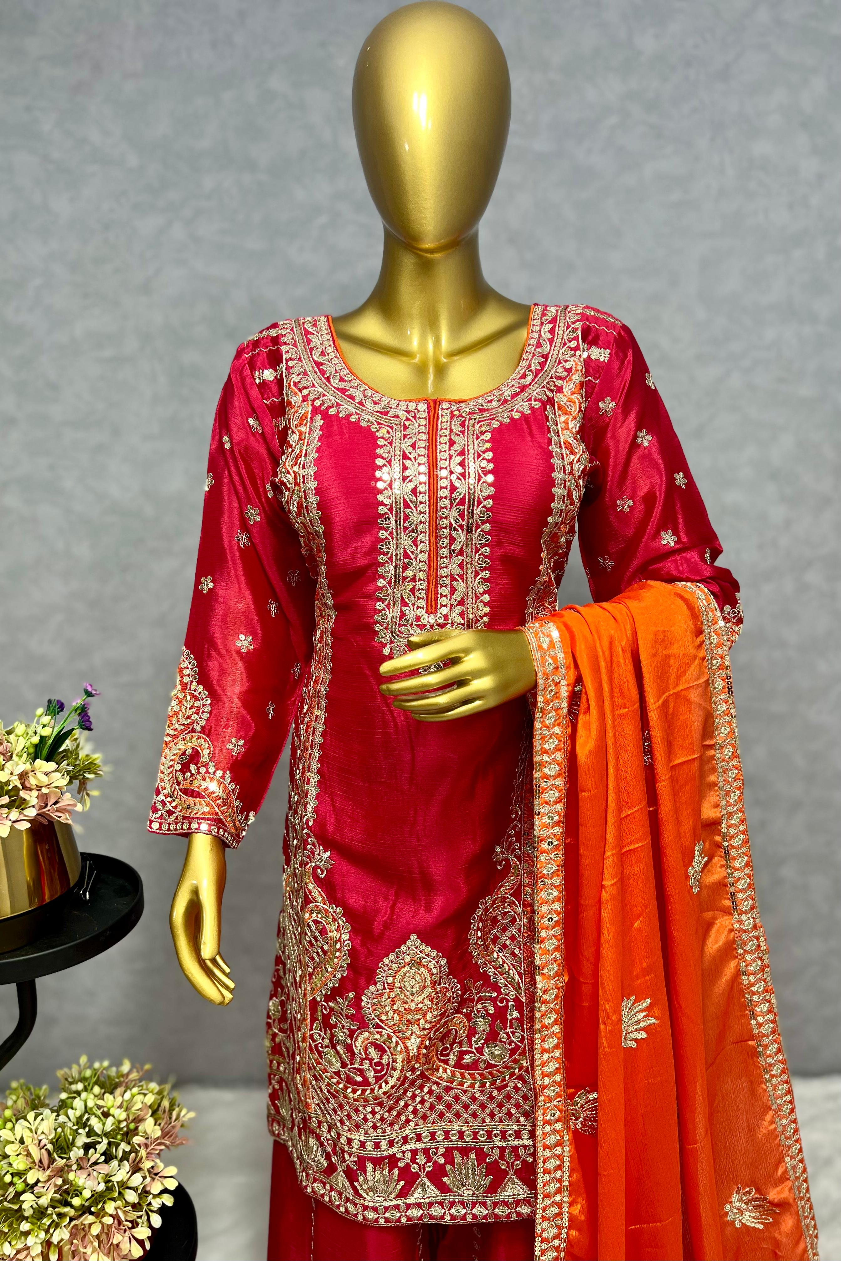 3-Piece Pure Chinon Silk Kurti, Plazzo & Dupatta Set with Embroidery Sequence & Thread Work