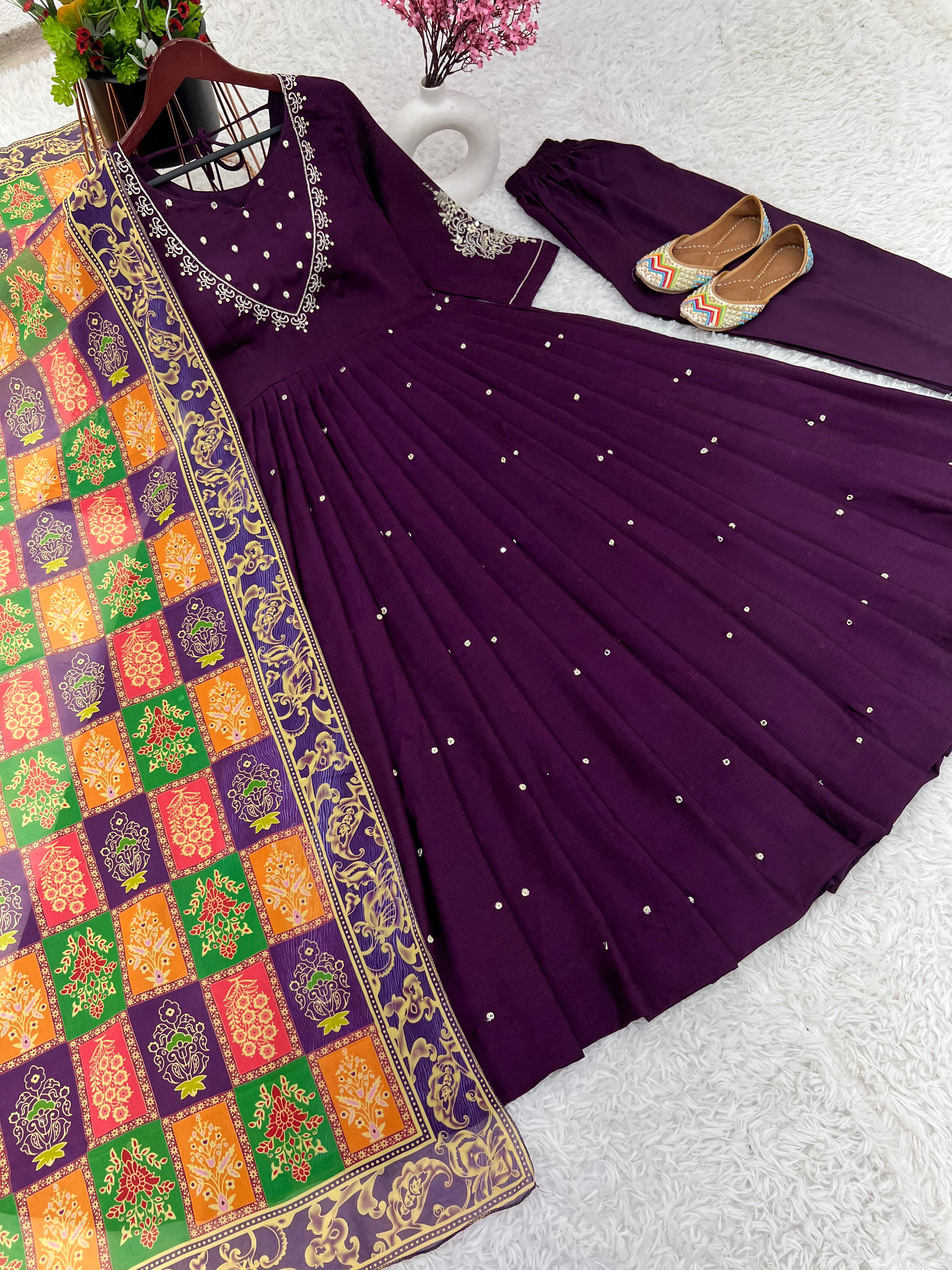 New Designer Pure Chinnon Embroidered Sequin Gown and Dupatta Set - Ready to Wear