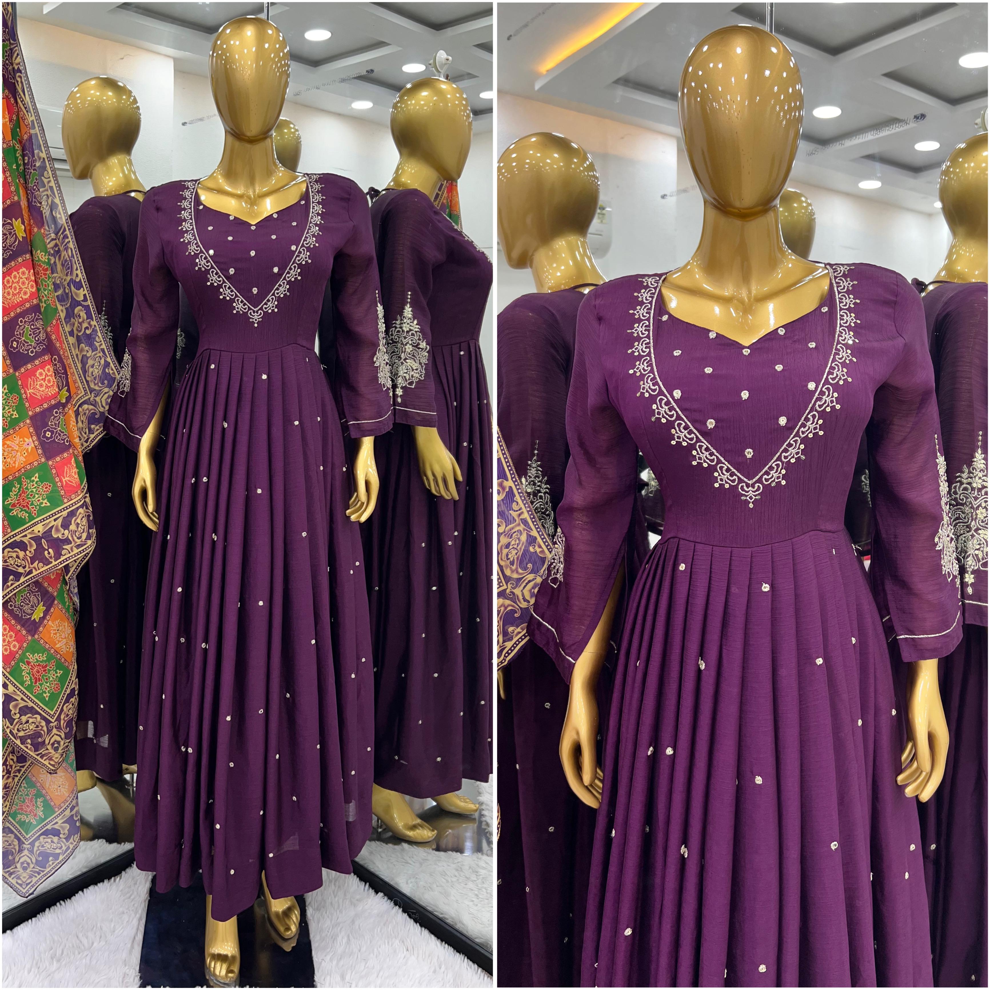 New Designer Pure Chinnon Embroidered Sequin Gown and Dupatta Set - Ready to Wear