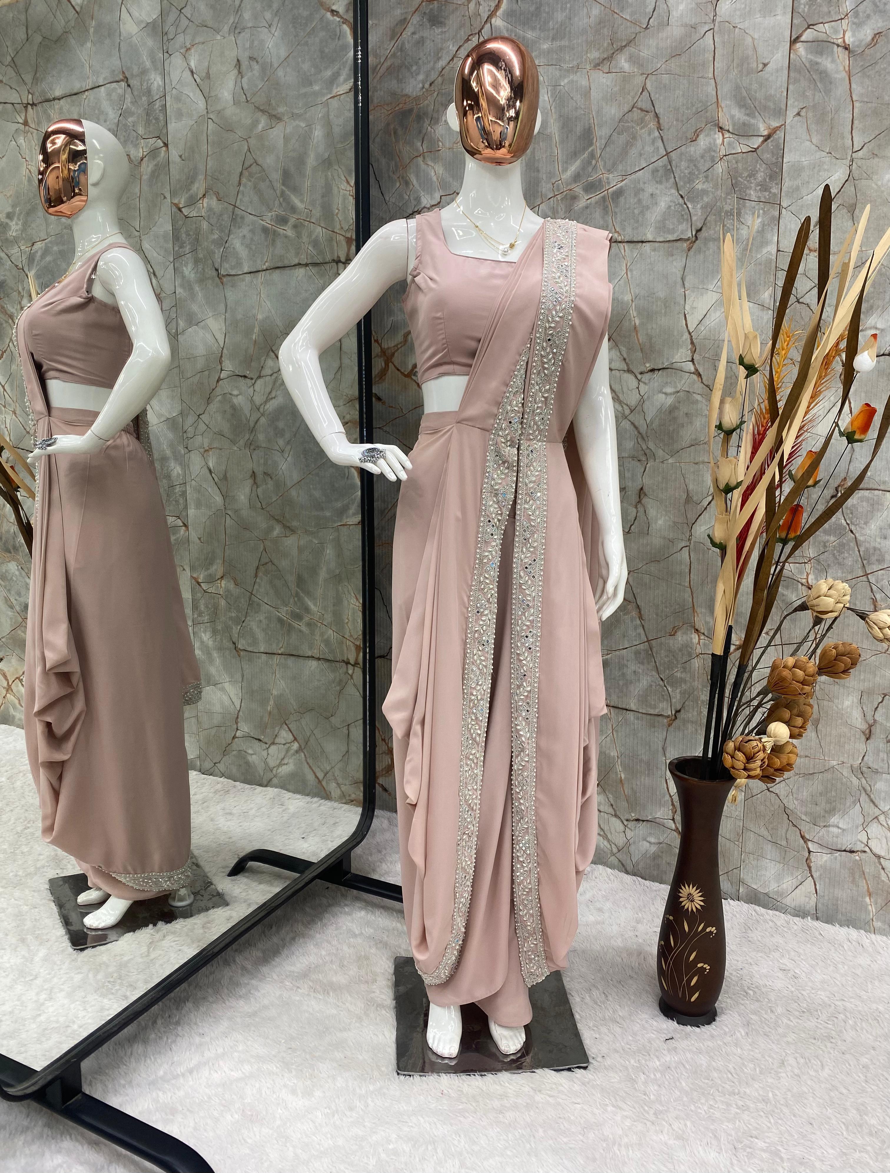 Saree with Draped Skirt and Tube Choli In Embroidery And Real Mirror Work