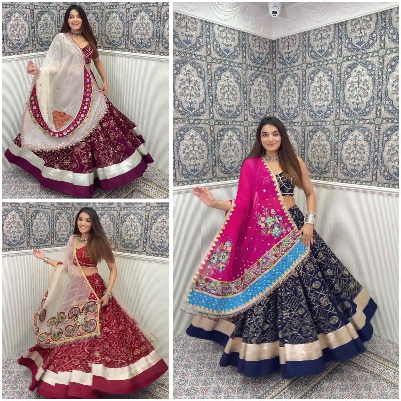 Navratri Boutique Maslin Printed Lehenga Choli with Real Mirror Work and Dupatta