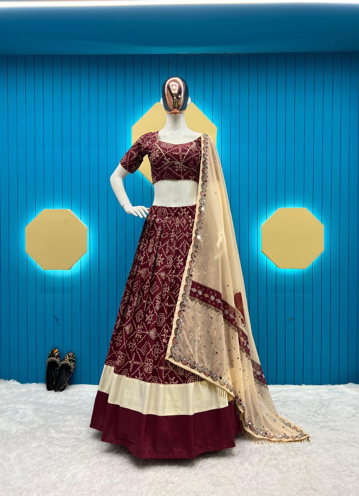 Navratri Boutique Maslin Printed Lehenga Choli with Real Mirror Work and Dupatta