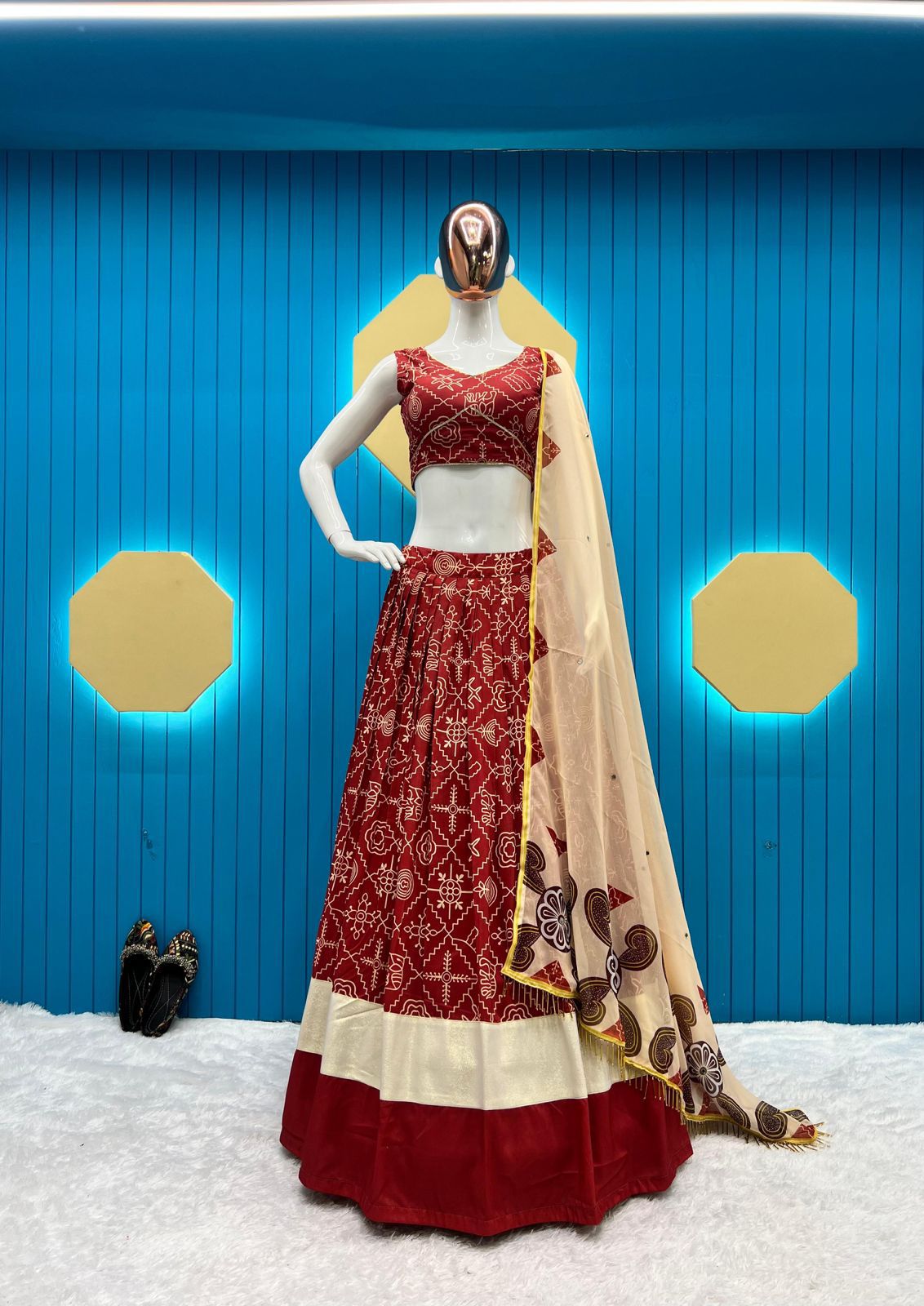 Navratri Boutique Maslin Printed Lehenga Choli with Real Mirror Work and Dupatta