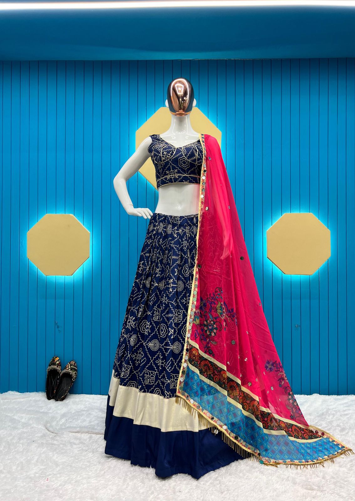 Navratri Boutique Maslin Printed Lehenga Choli with Real Mirror Work and Dupatta