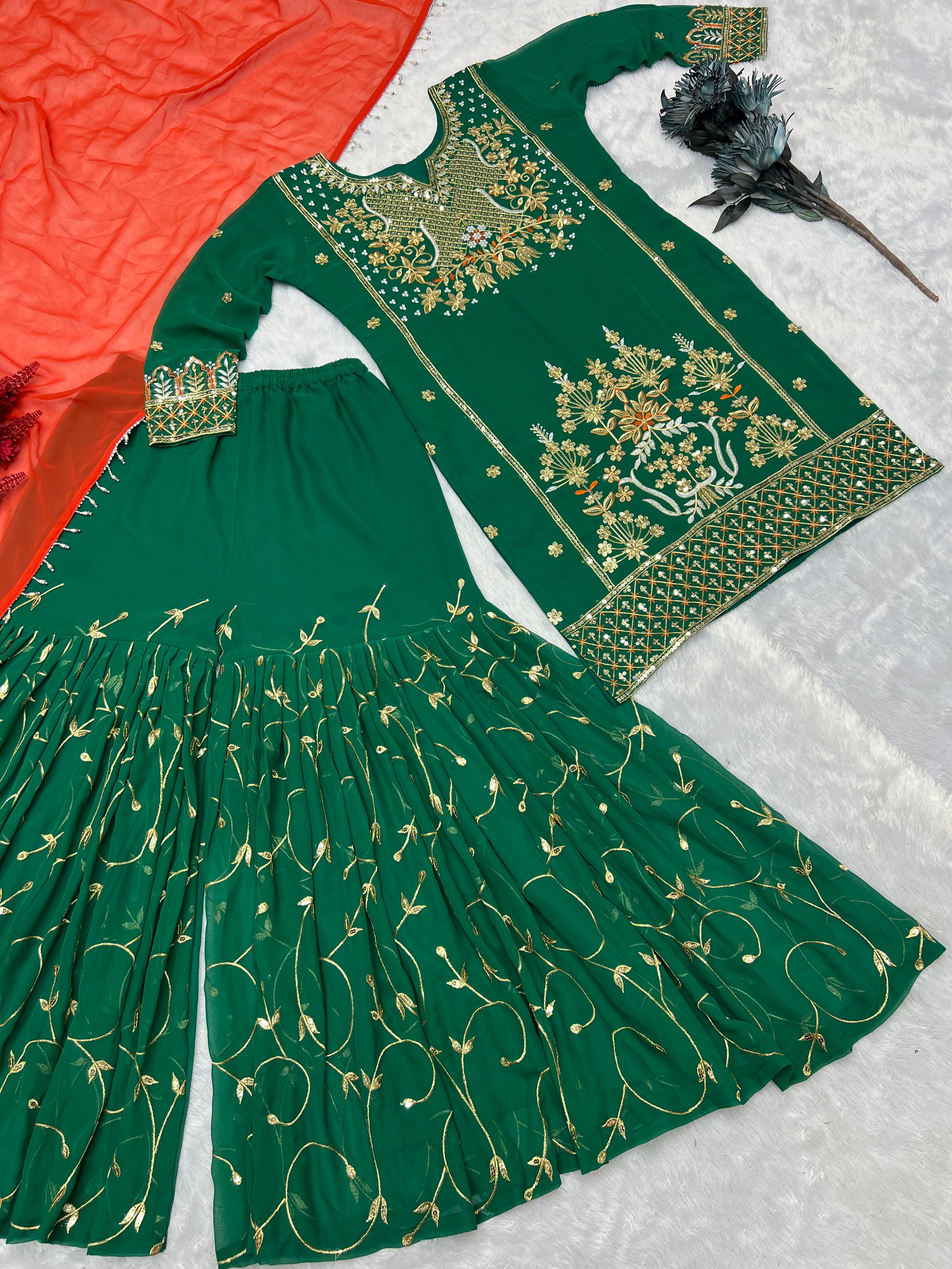 Heavy Faux Georgette Kurti-Sharara-Dupatta Set with Embroidery & SEQUENCE WORK