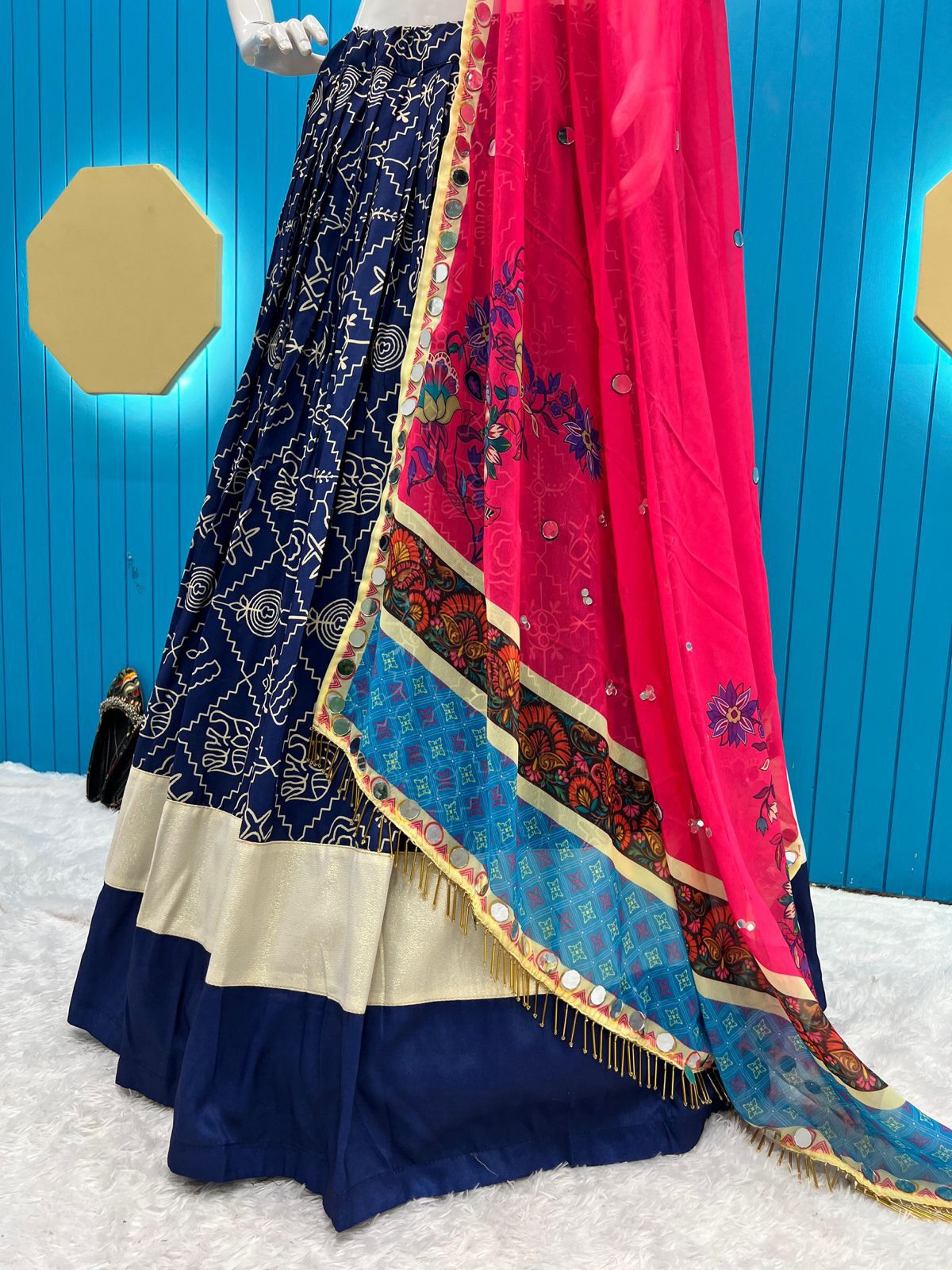 Navratri Boutique Maslin Printed Lehenga Choli with Real Mirror Work and Dupatta