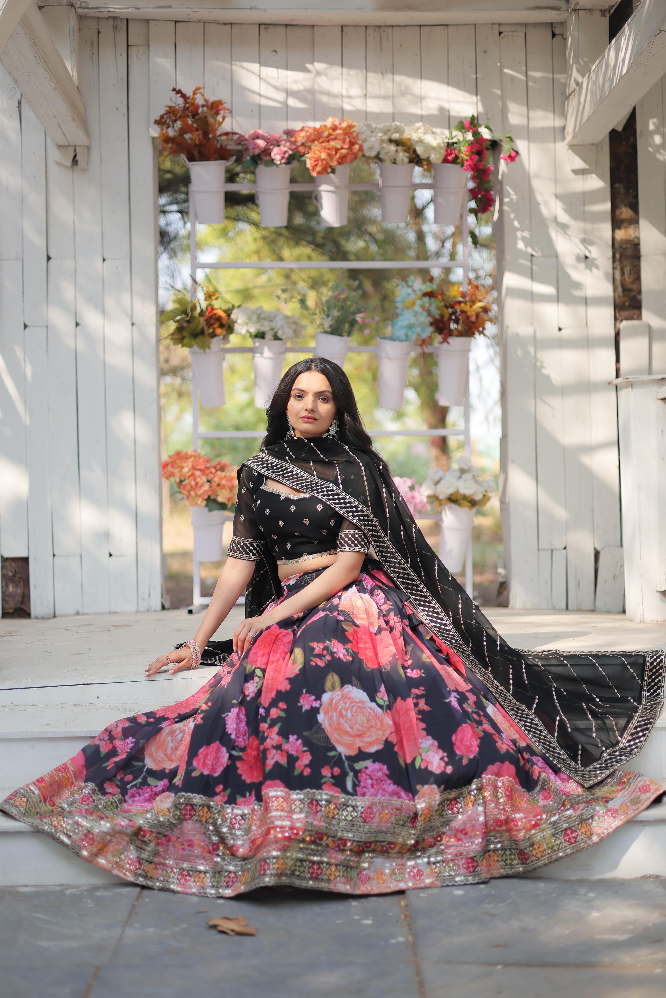 digital printed georgette lehengas, crafted to perfection with delicate tassels