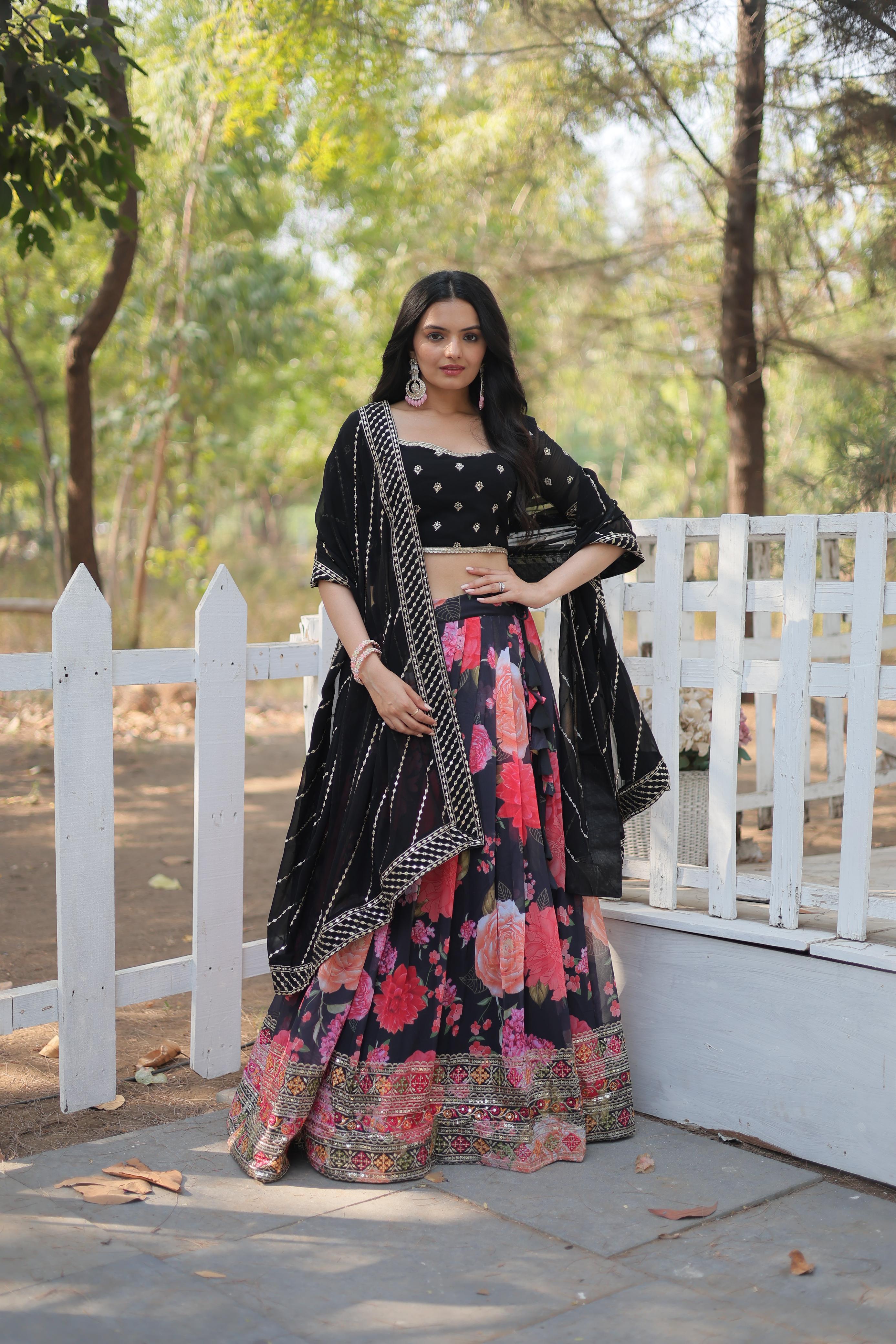 digital printed georgette lehengas, crafted to perfection with delicate tassels