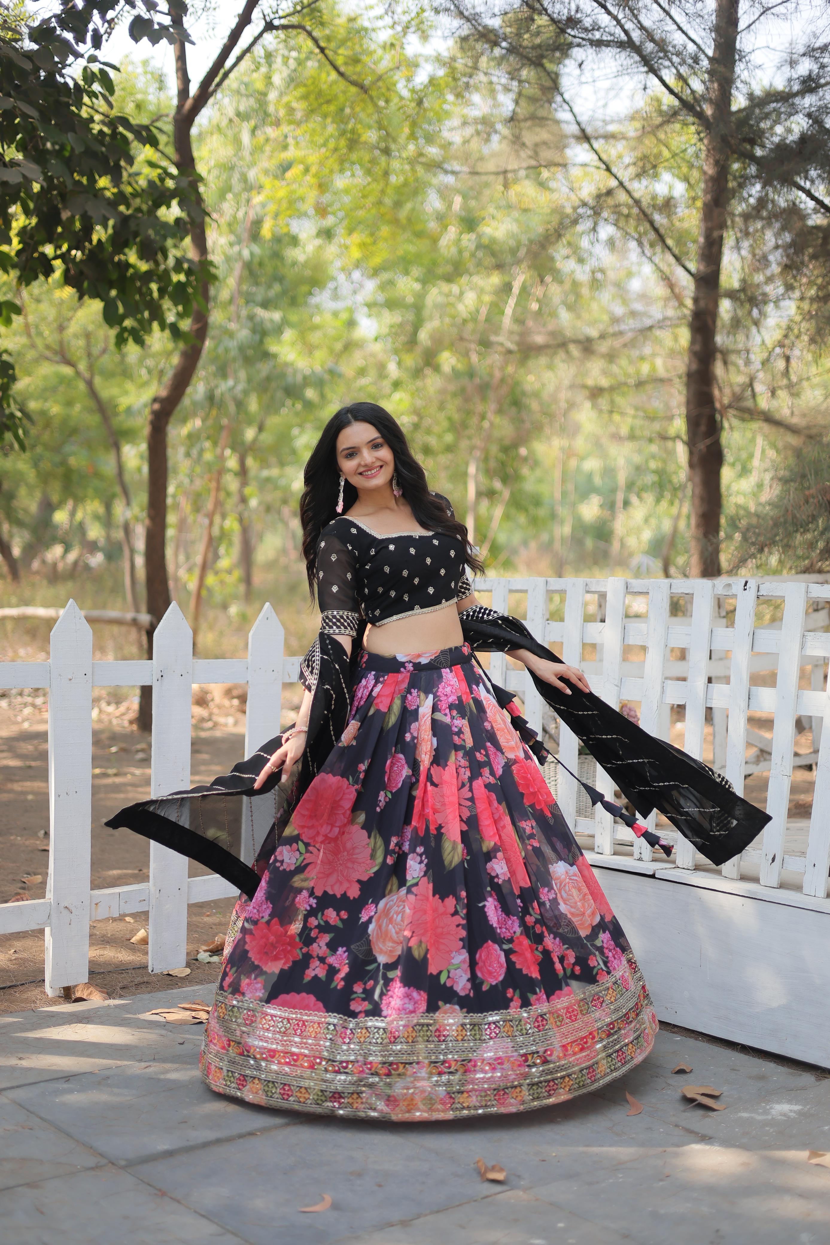 digital printed georgette lehengas, crafted to perfection with delicate tassels