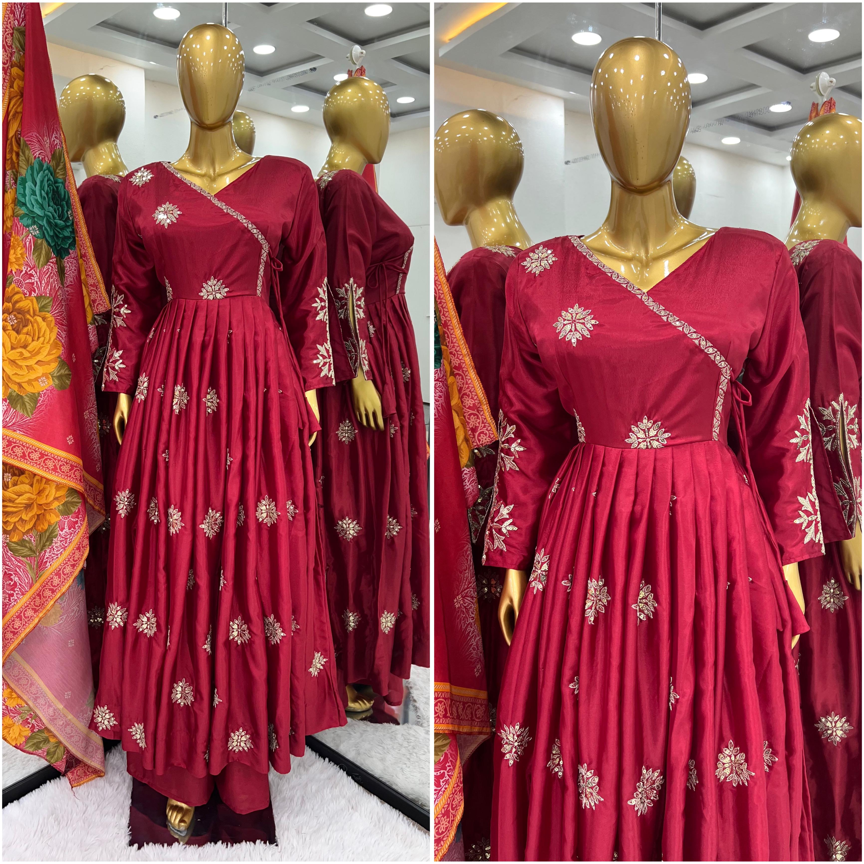 New Designer Pure Chinnon Embroidered Sequin Gown and Dupatta Set - Ready to Wear.