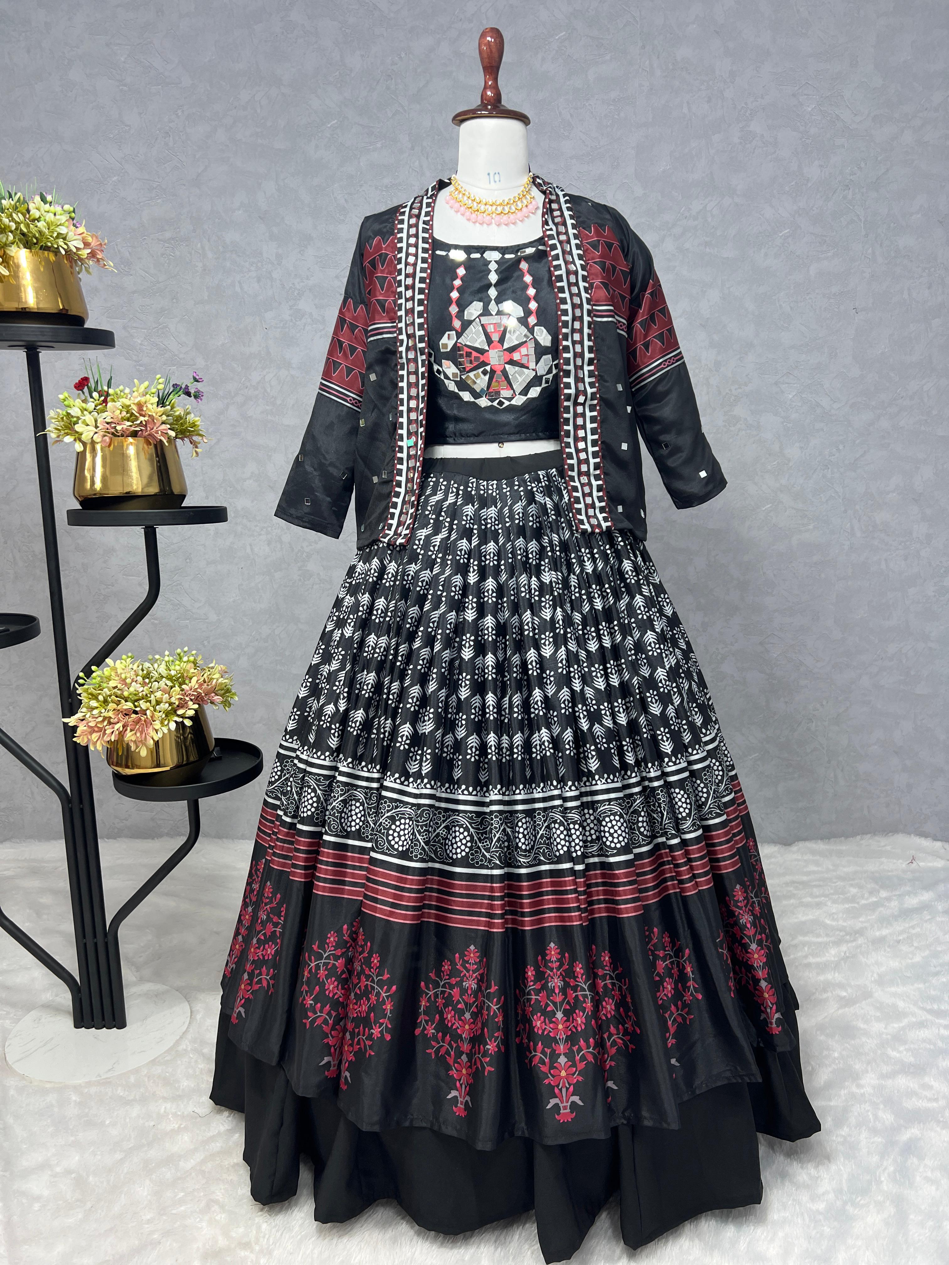 NAVRATRI COLLECTION 3 PIECE FULL STITCHED KOTI WITH CHOLI AND BEAUTIFUL DOUBLE FLAIR LAHENGA