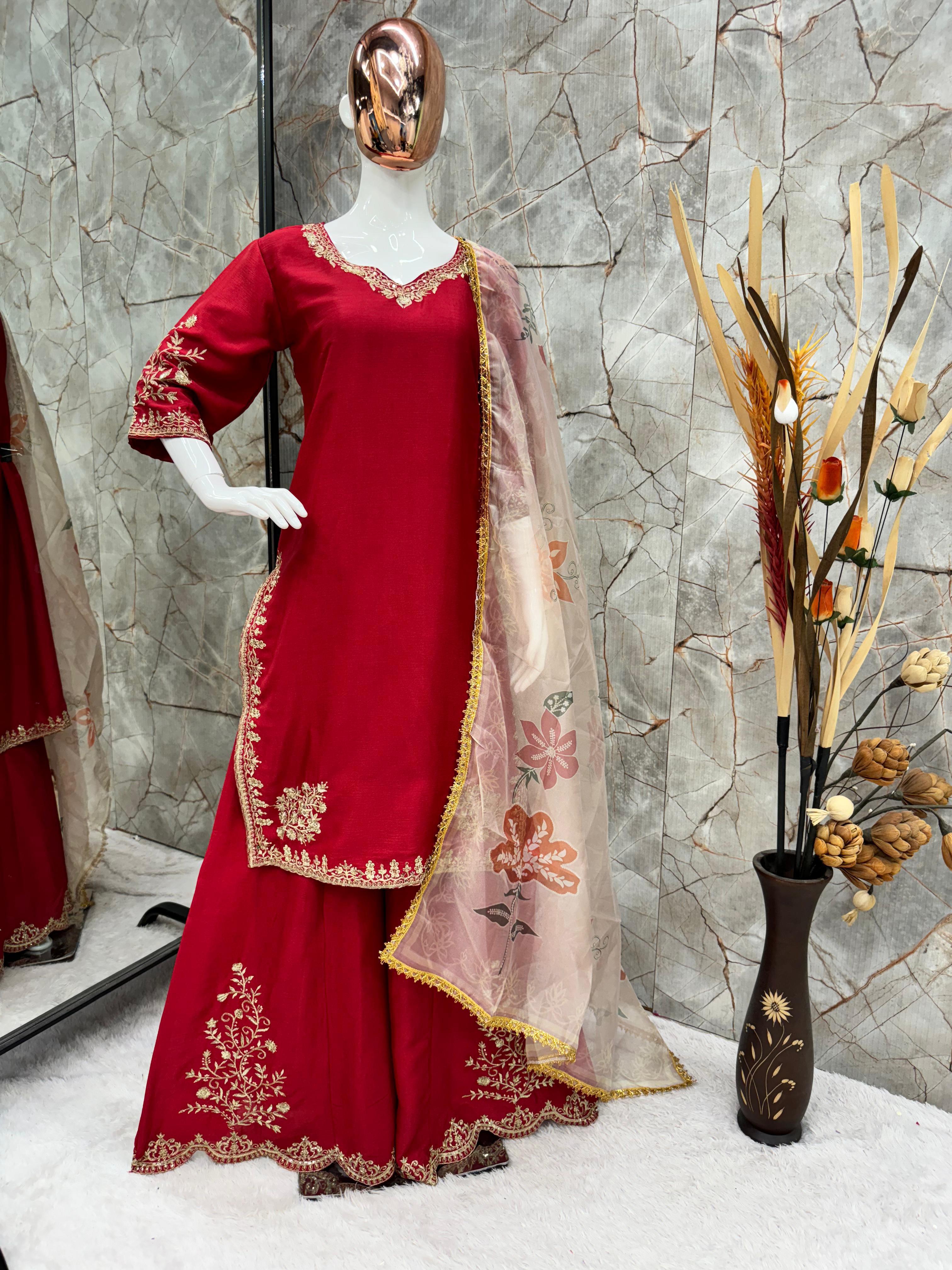 Heavy Chinon Suit with Sequins Embroidery & Full Flair Gharara