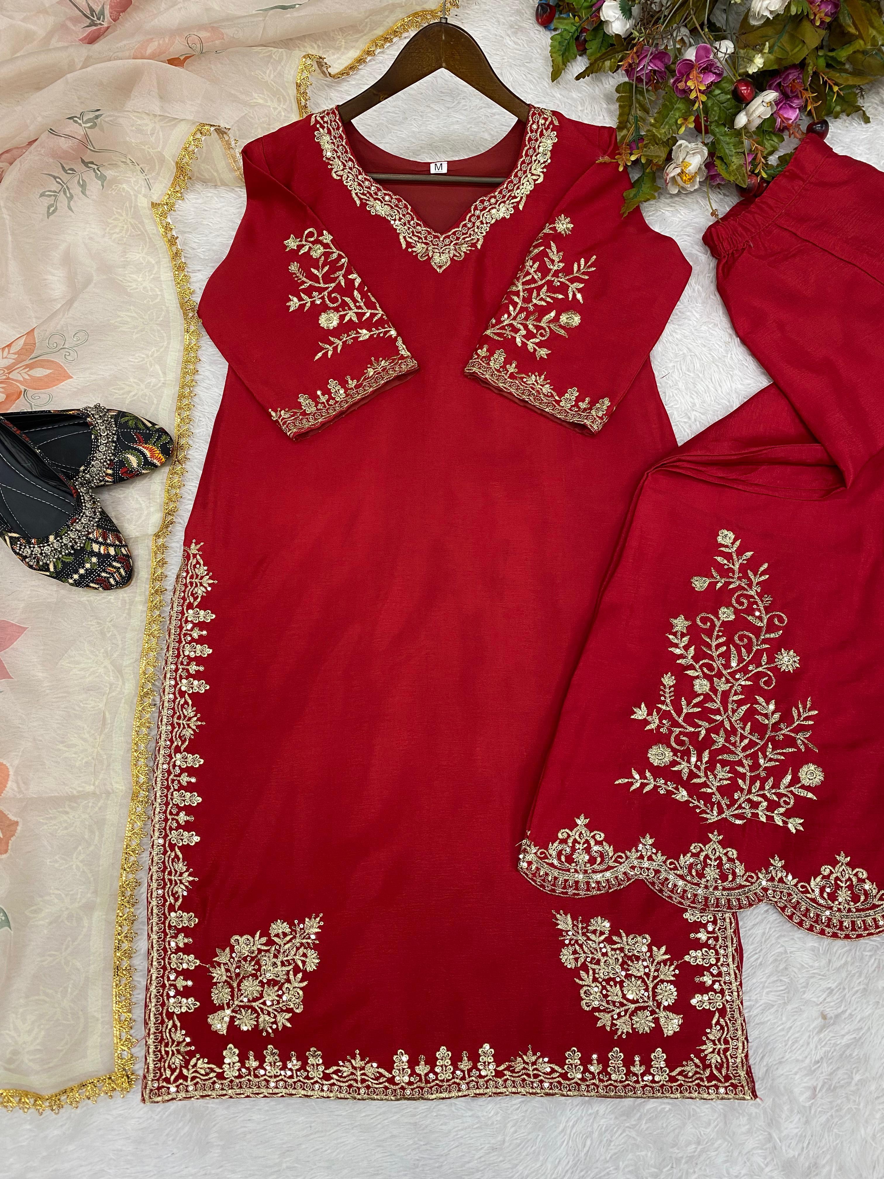 Heavy Chinon Suit with Sequins Embroidery & Full Flair Gharara