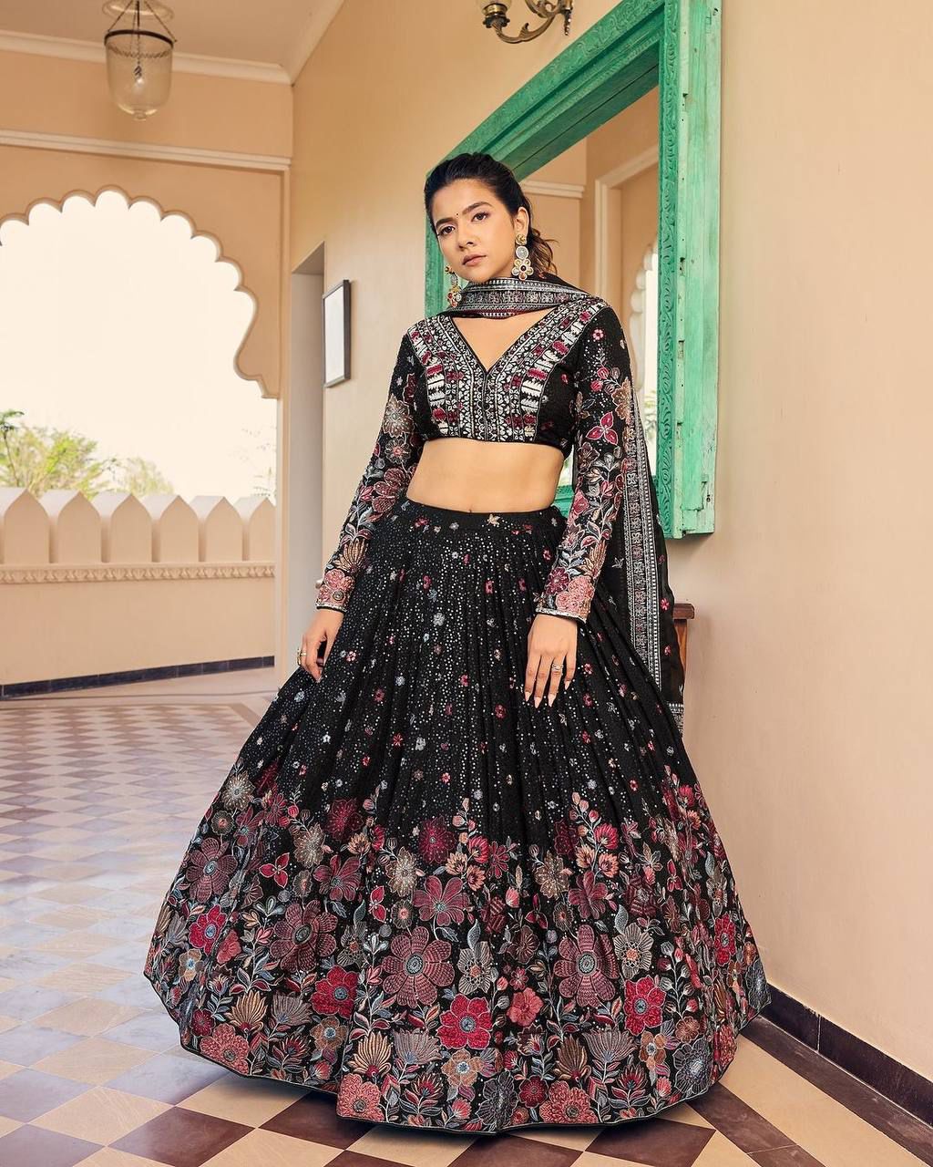 Black Faux Georgette Lehenga-Choli Set with Sequin Thread Work and Dupatta