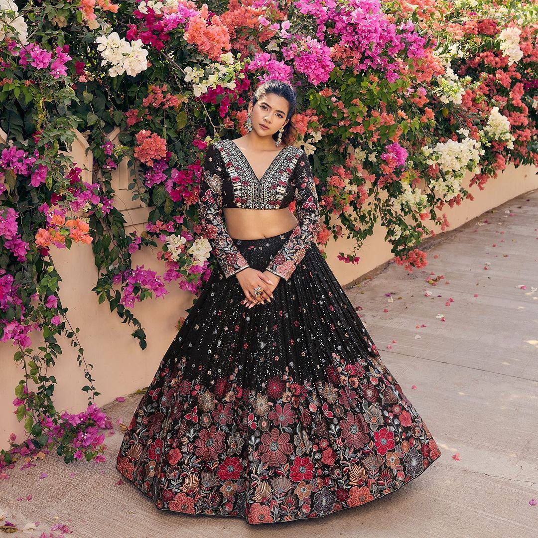 Black Faux Georgette Lehenga-Choli Set with Sequin Thread Work and Dupatta