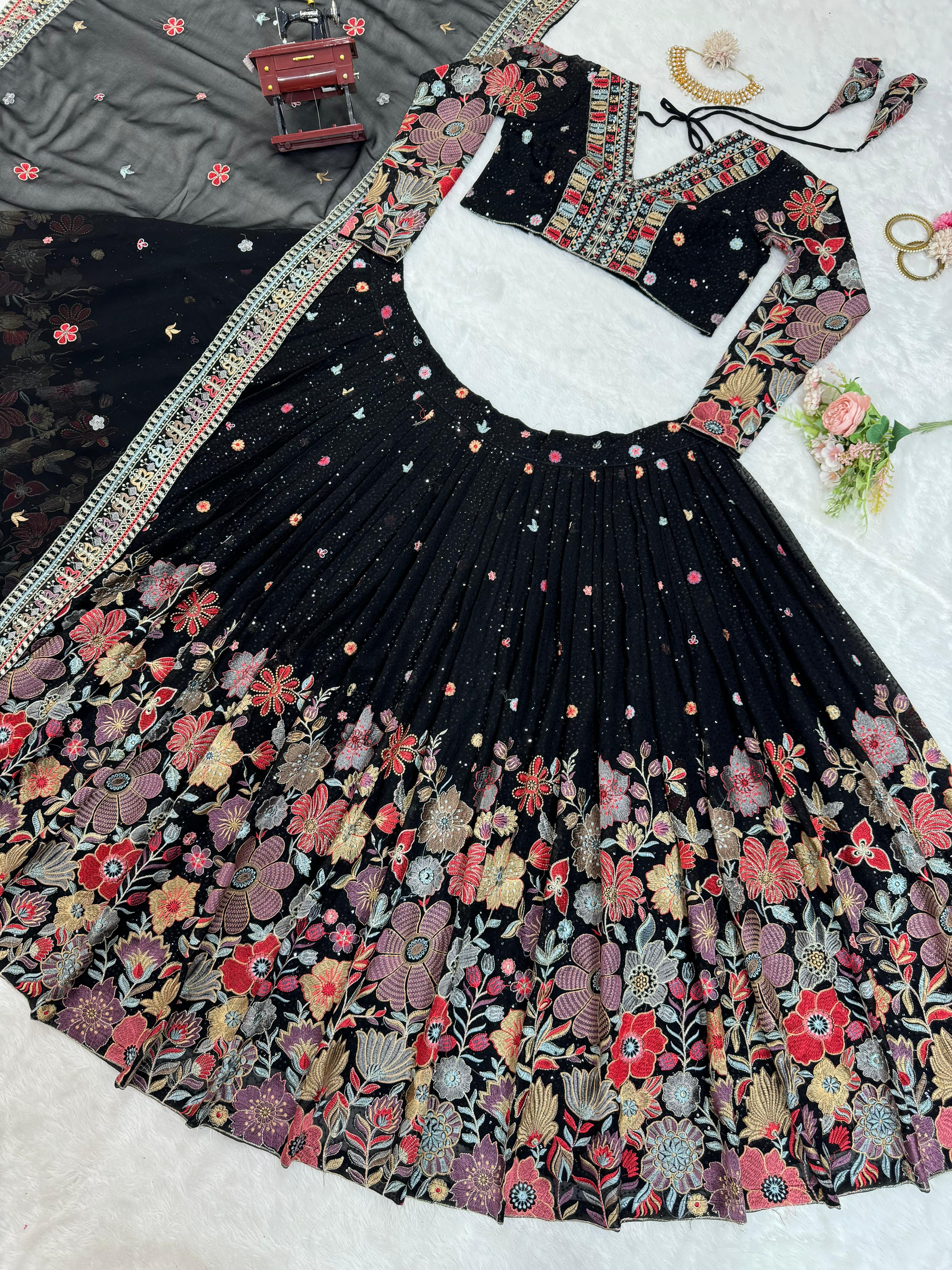 Black Faux Georgette Lehenga-Choli Set with Sequin Thread Work and Dupatta