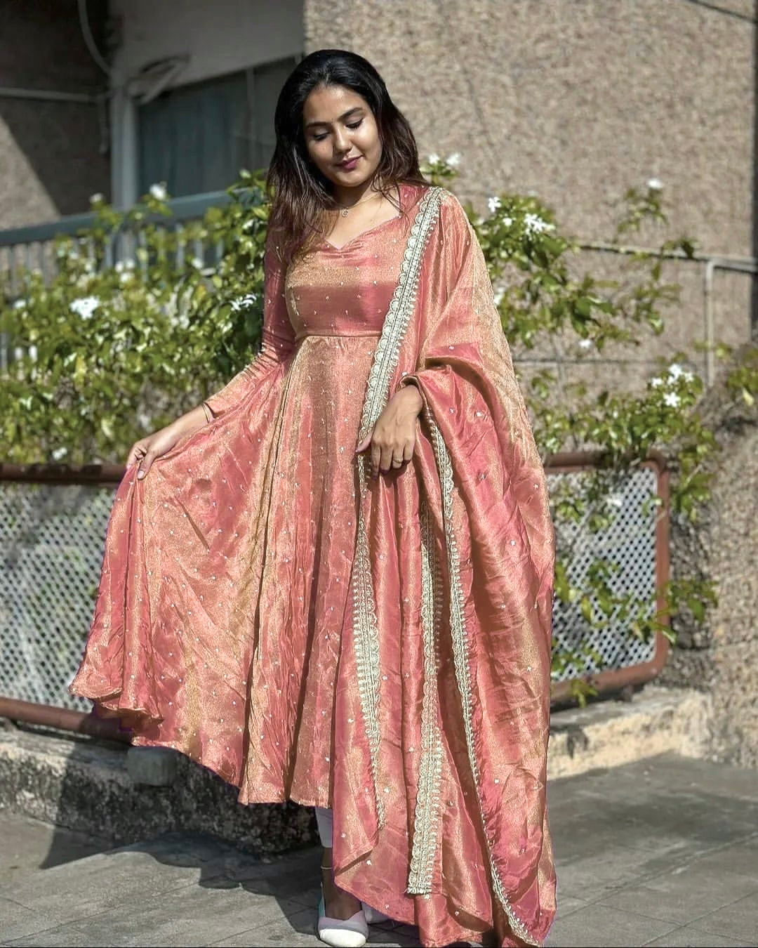 Pure Twil Gold Net Anarkali Gown,Dupatta & Plazzo Set