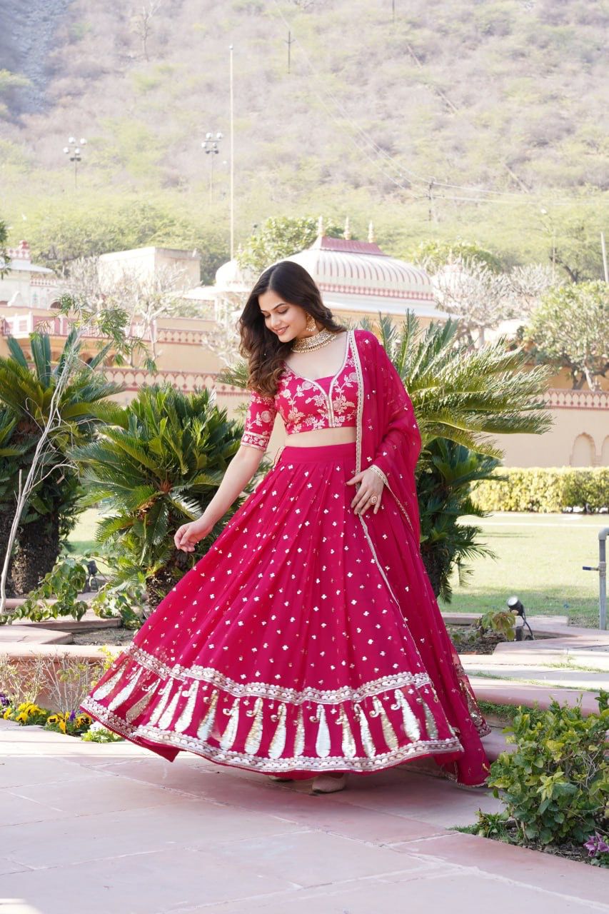 designer Lehenga Choli crafted from high quality Faux Blooming expertly embroidered with shimmering sequins.