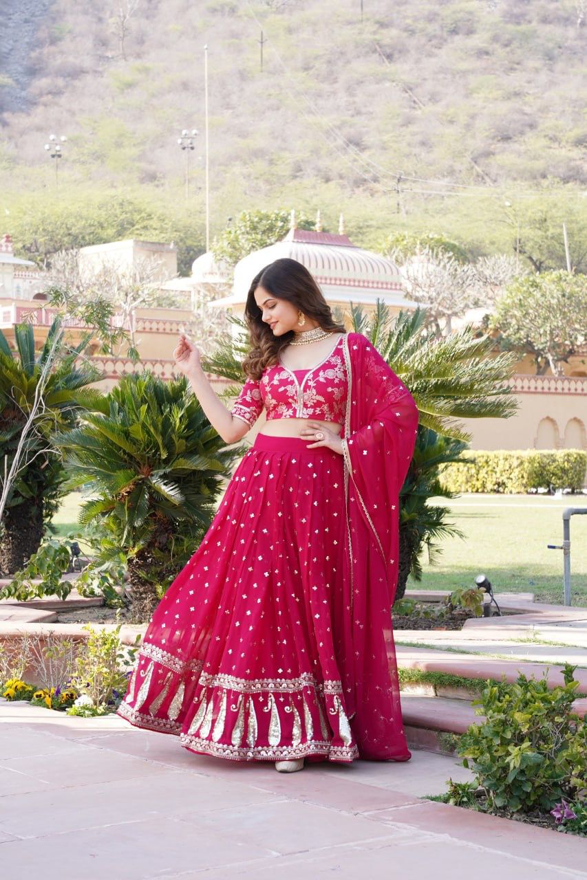 designer Lehenga Choli crafted from high quality Faux Blooming expertly embroidered with shimmering sequins.