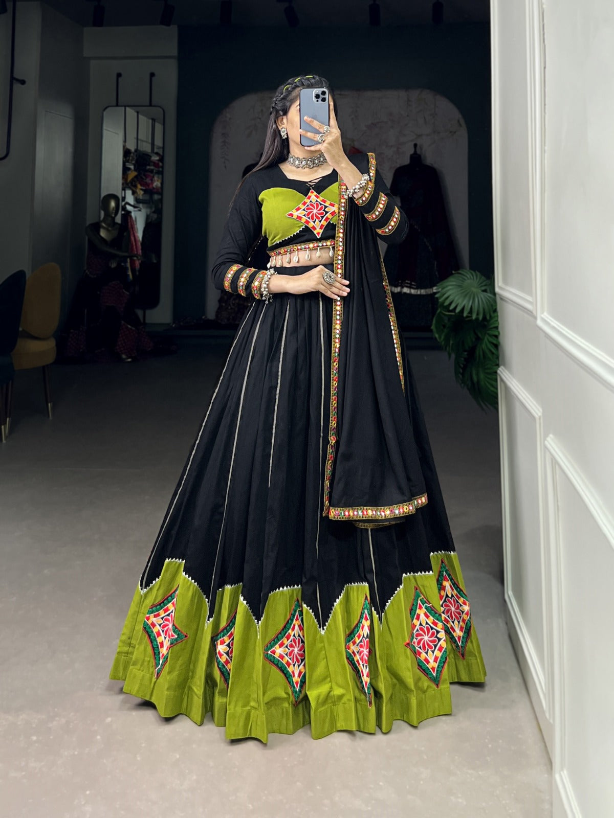 Navratri Lehenga Featuring Gorgeous Gamthi Patch Work and Gota Patti Lace Touch-Up