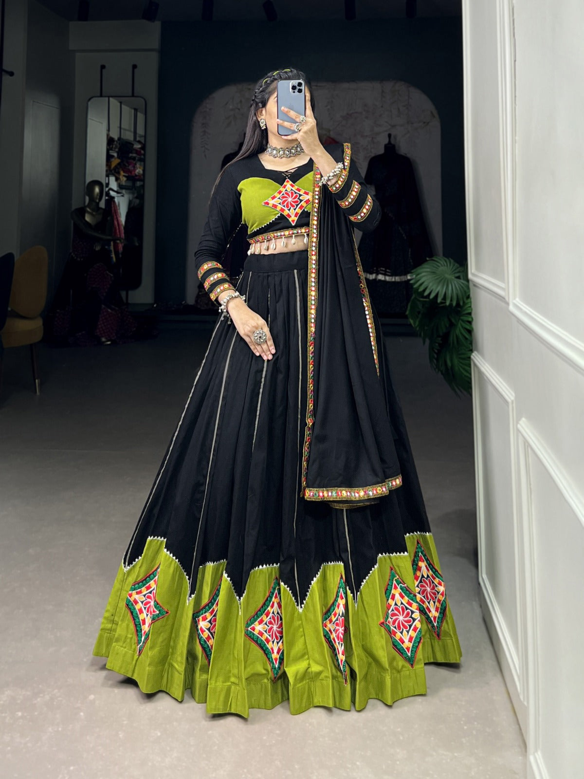 Navratri Lehenga Featuring Gorgeous Gamthi Patch Work and Gota Patti Lace Touch-Up