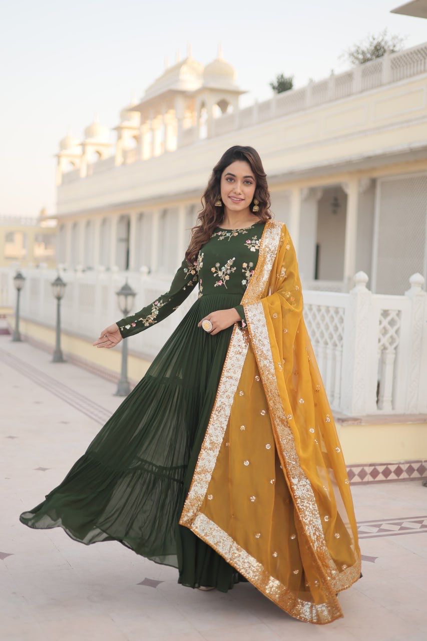 Gown with Russian silk Dupatta With Adorable Embroidered thread work.