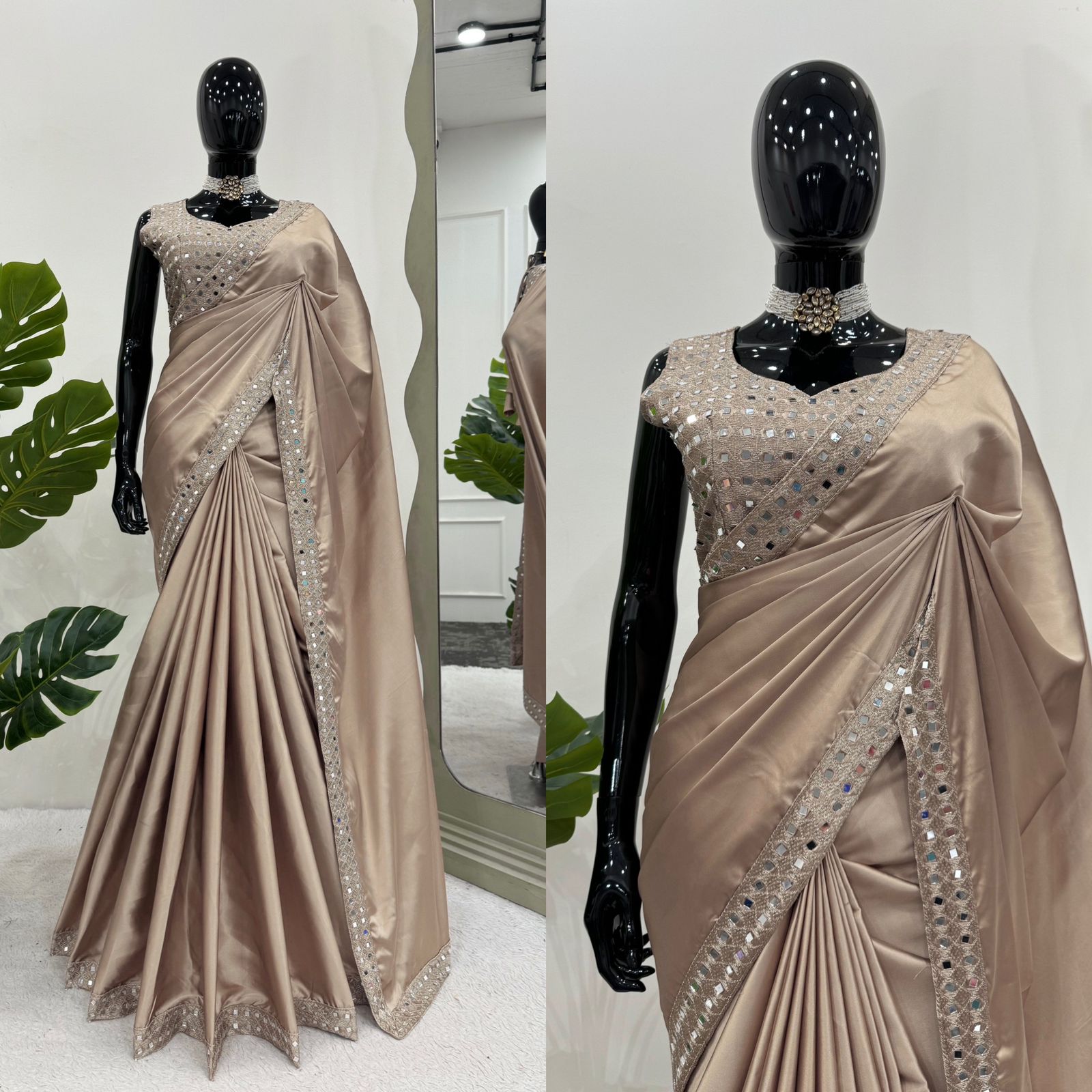 Designer Saree on Japan Satin Silk Febric with Thred & Real Mirror work