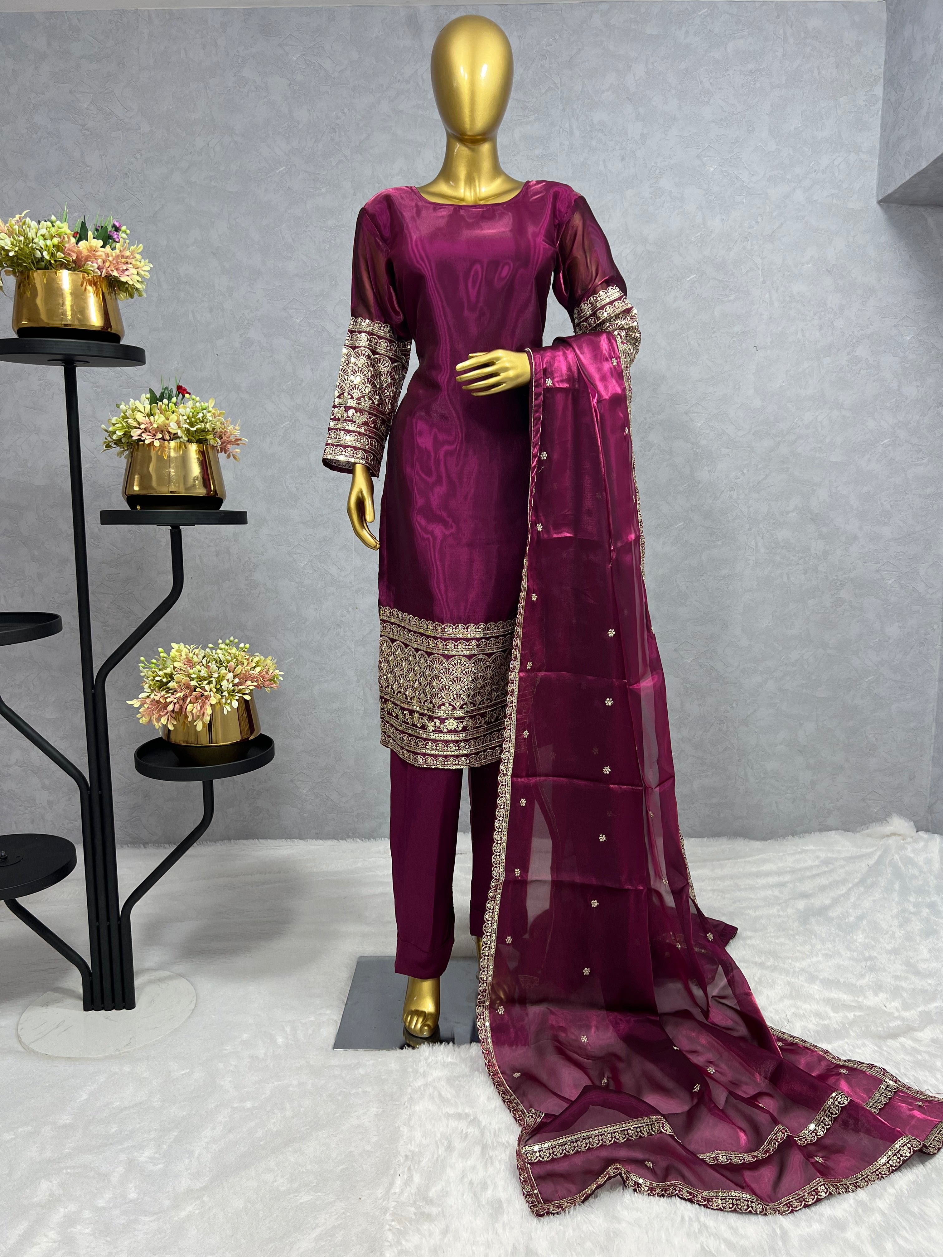 3-Piece  Kurti Set with Heavy Jimmy Choo Silk, Embroidery Sequence Work, and  Dupatta