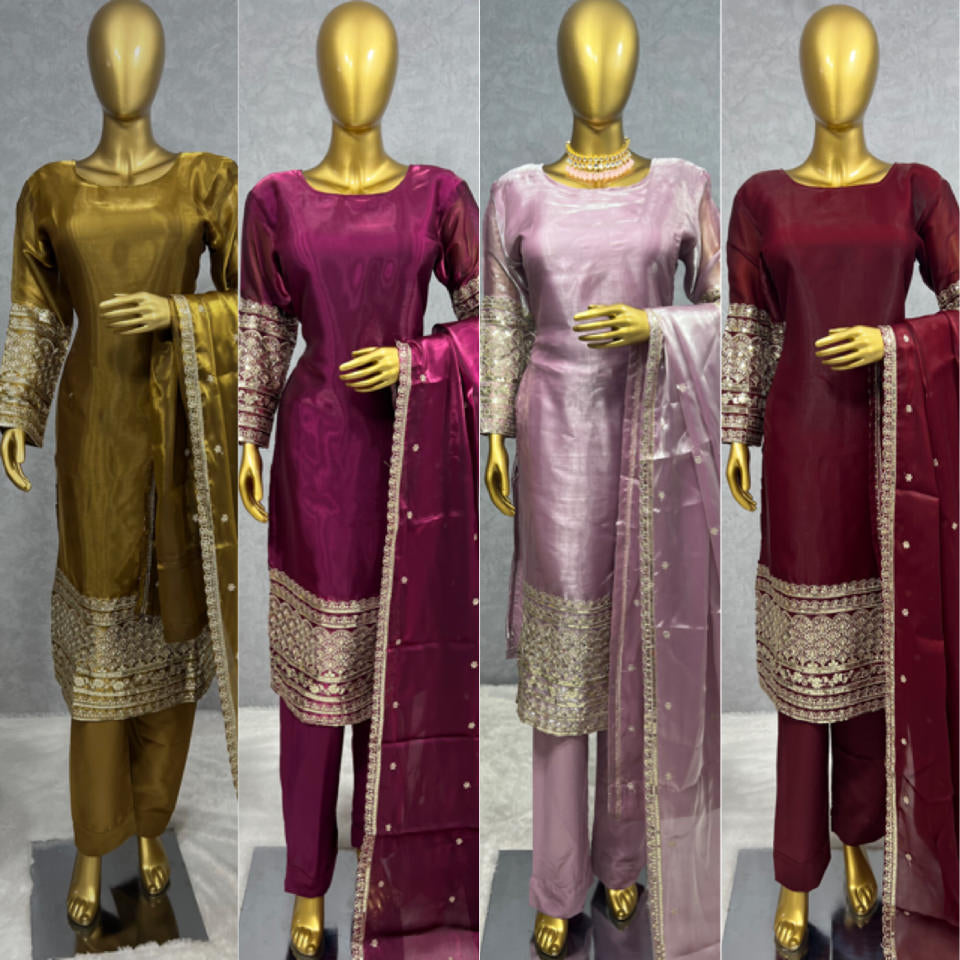 3-Piece  Kurti Set with Heavy Jimmy Choo Silk, Embroidery Sequence Work, and  Dupatta