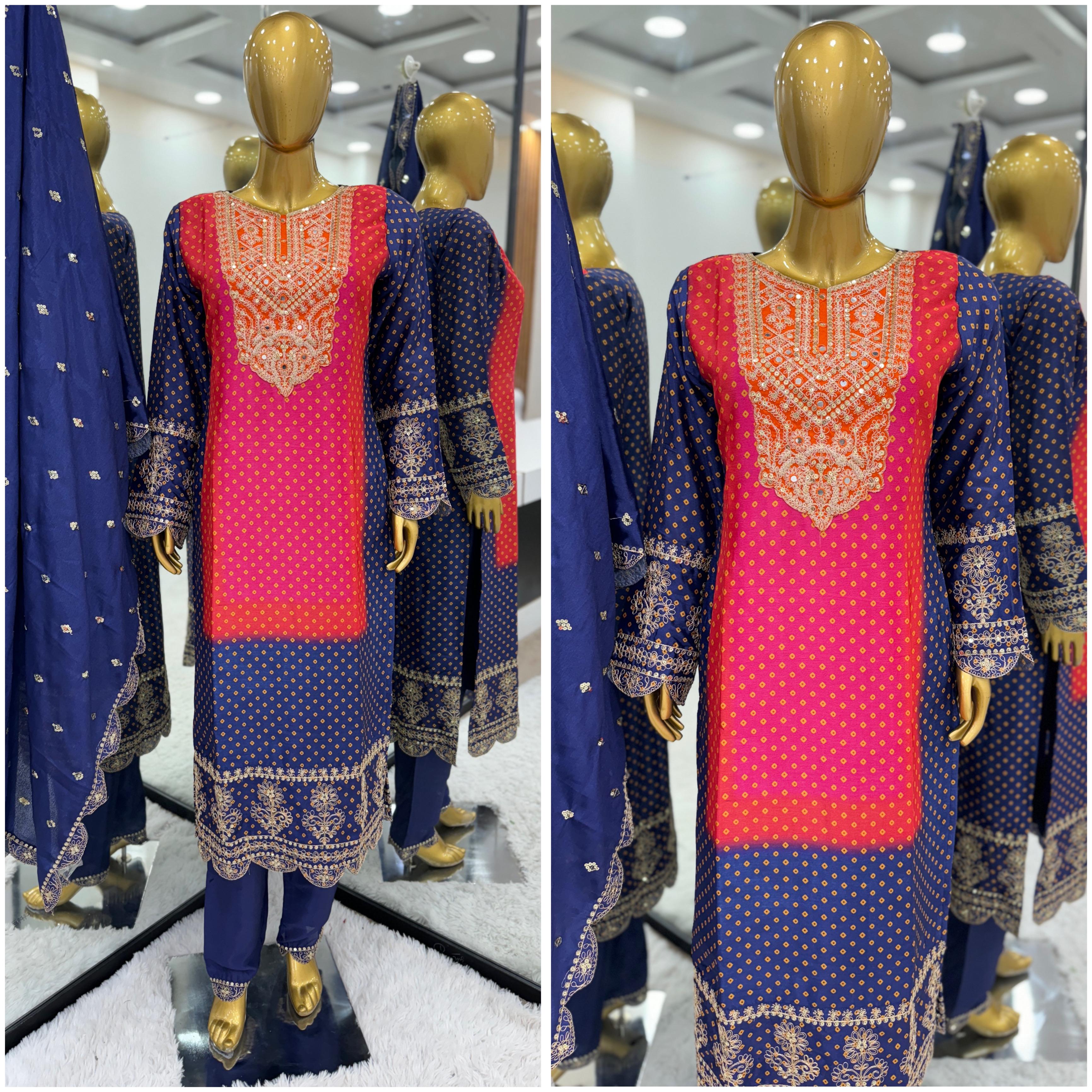 Pure Chinnon With Heavy Embroidery Coding Dori-Sequence Work Top-Bottom And Dupatta Set