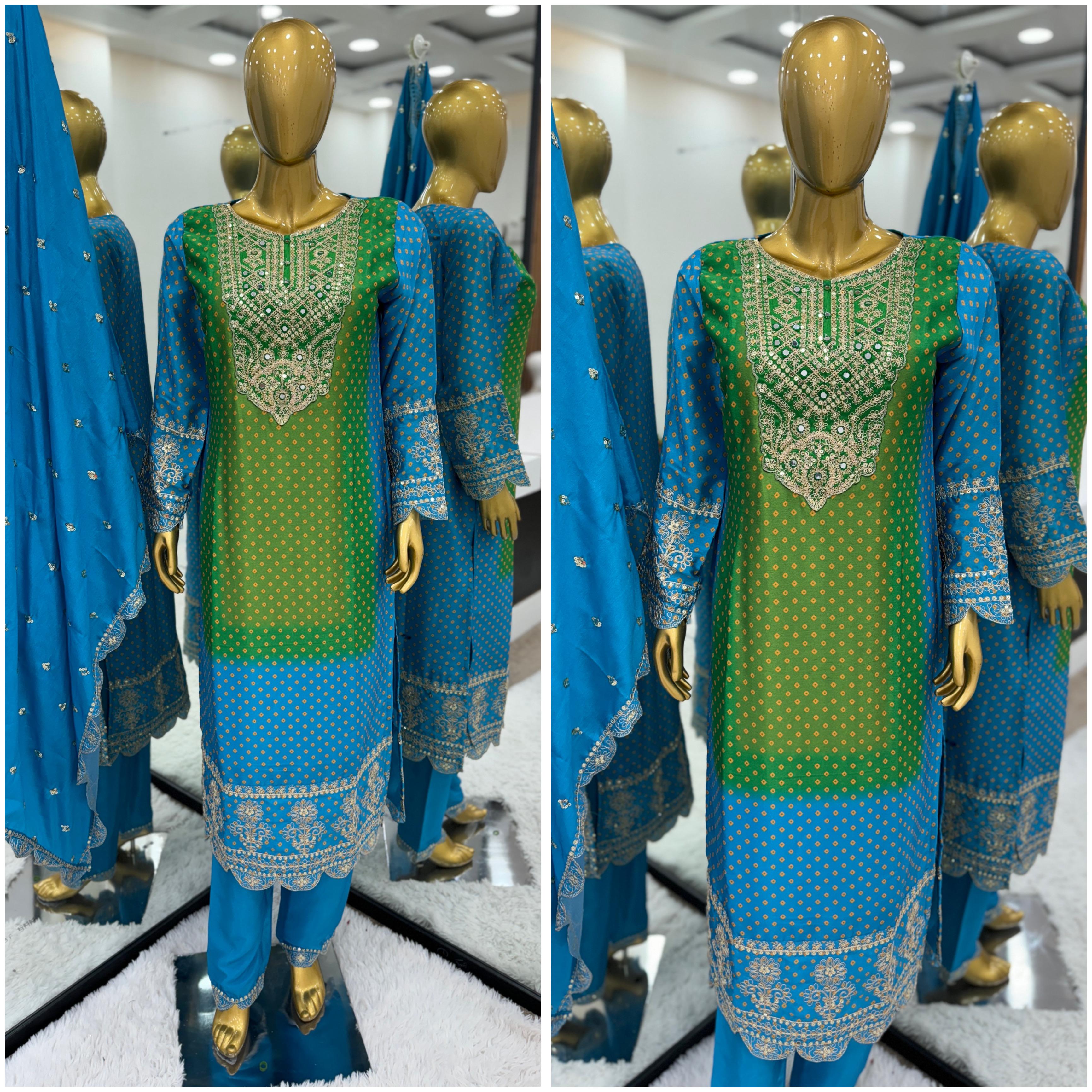 Pure Chinnon With Heavy Embroidery Coding Dori-Sequence Work Top-Bottom And Dupatta Set