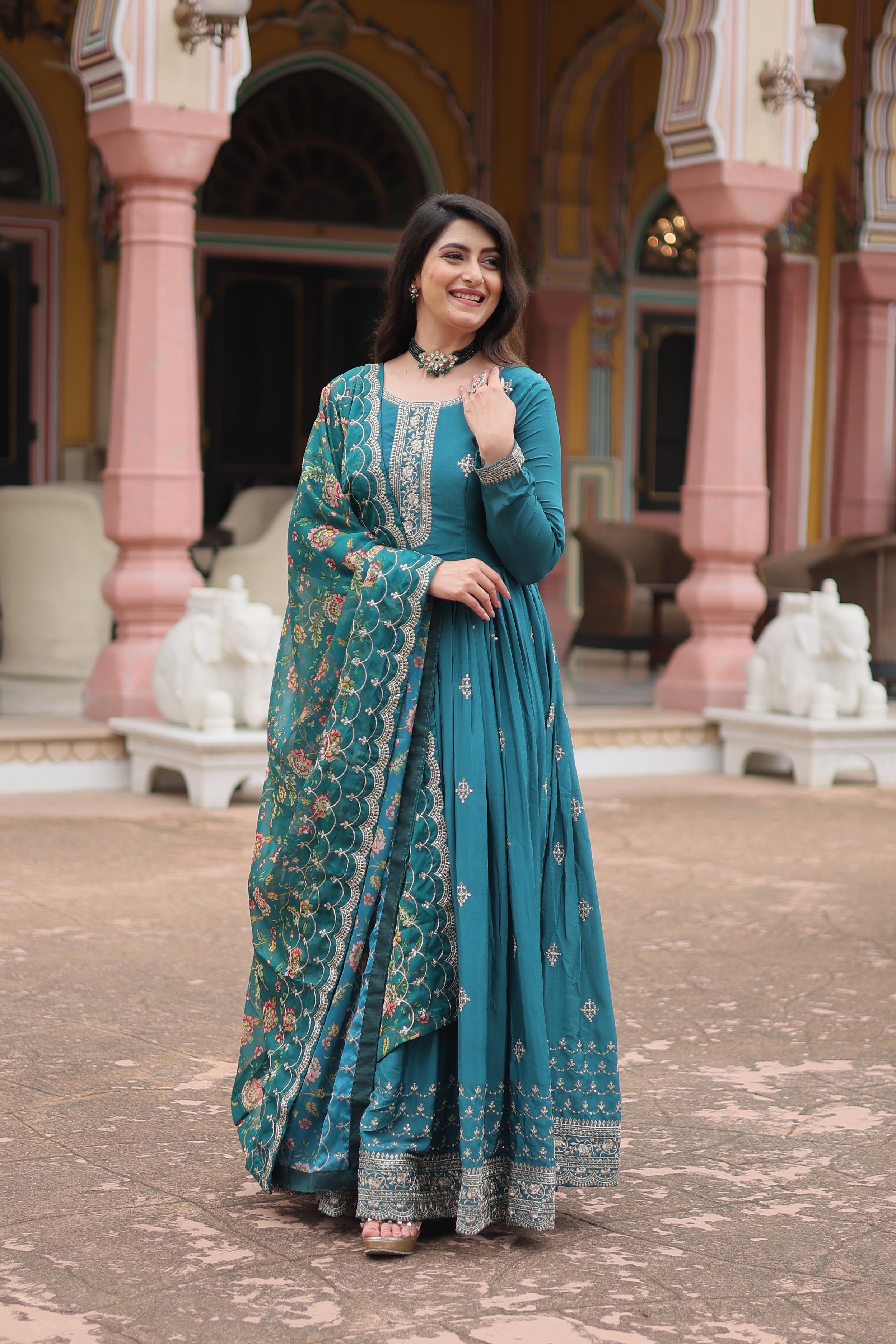 Chinon Gown with Dupatta and Embroidery Sequins Work