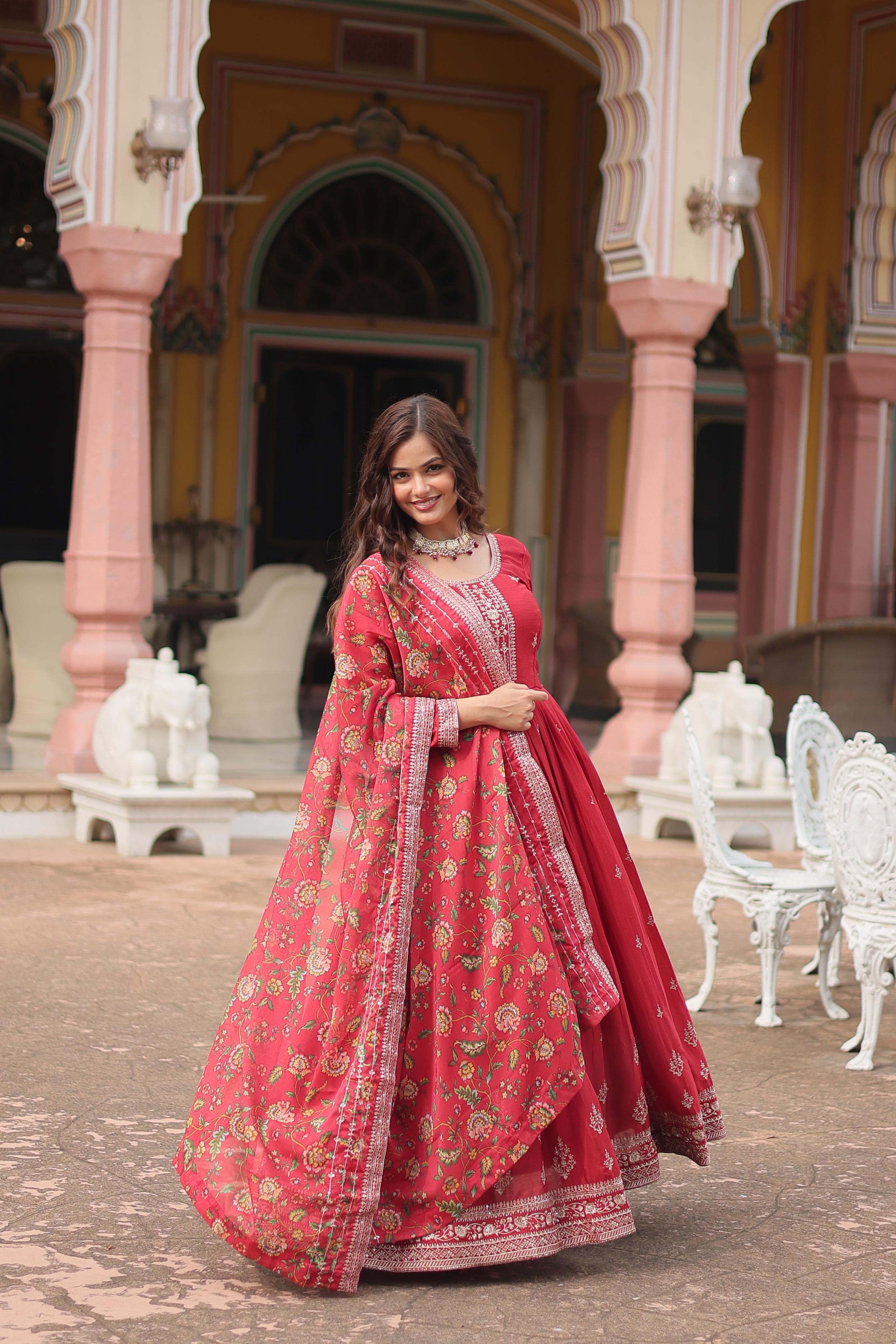 Chinon Gown with Dupatta and Embroidery Sequins Work