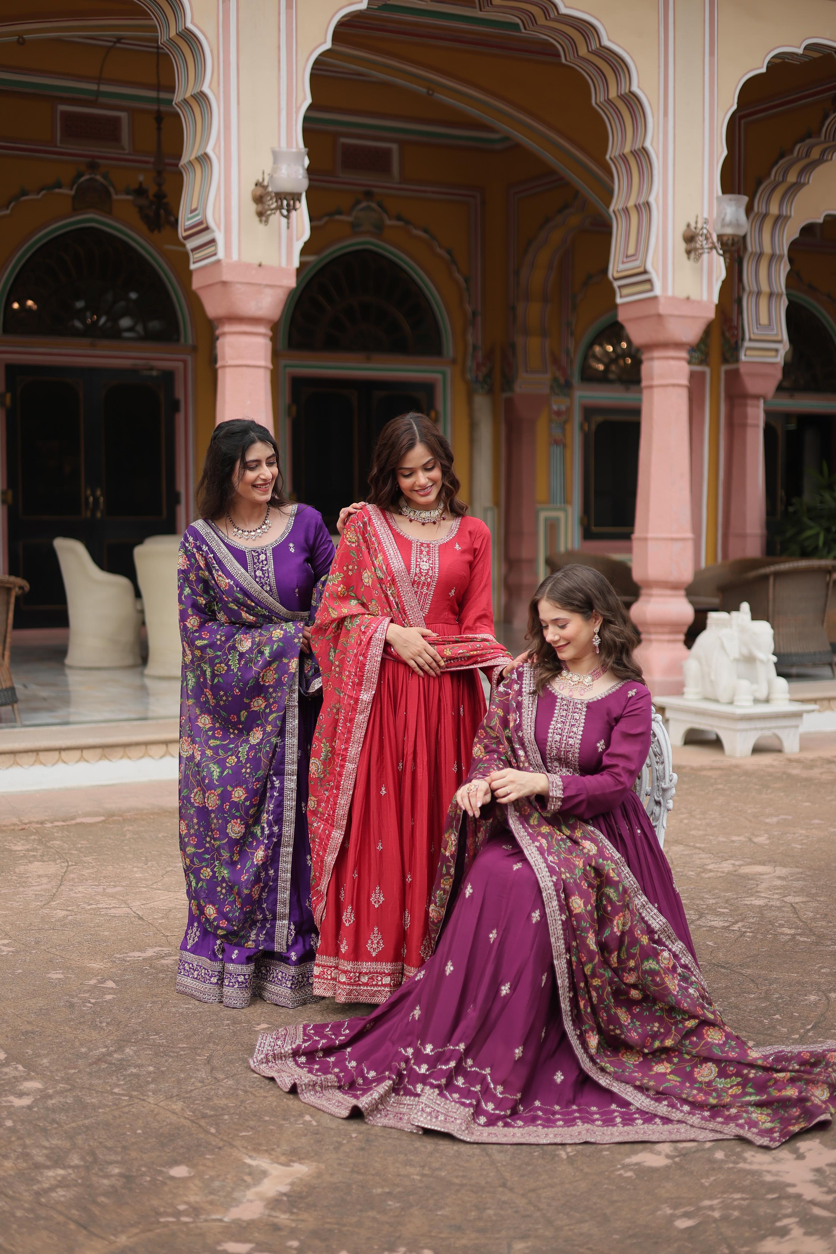 Chinon Gown with Dupatta and Embroidery Sequins Work