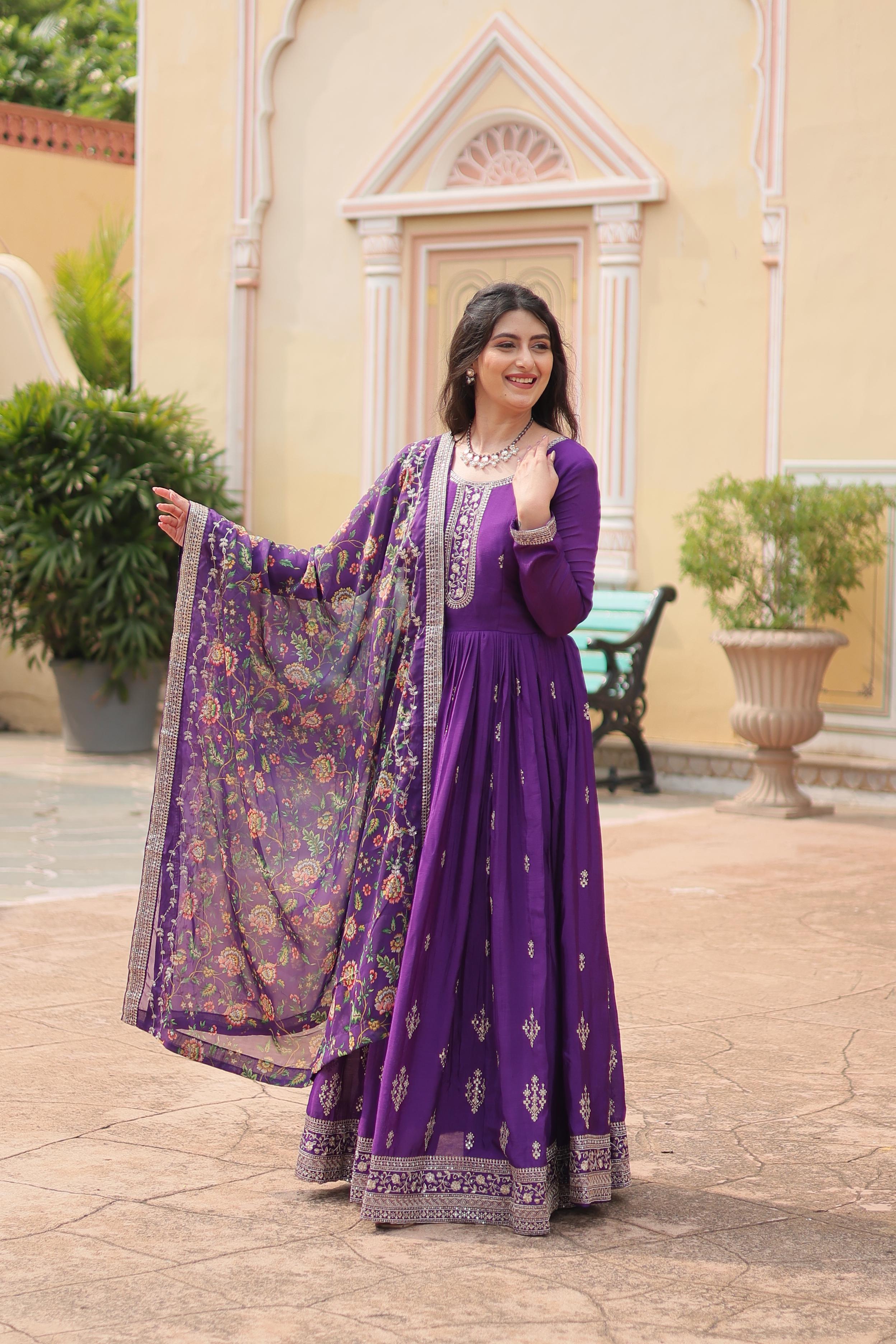 Chinon Gown with Dupatta and Embroidery Sequins Work