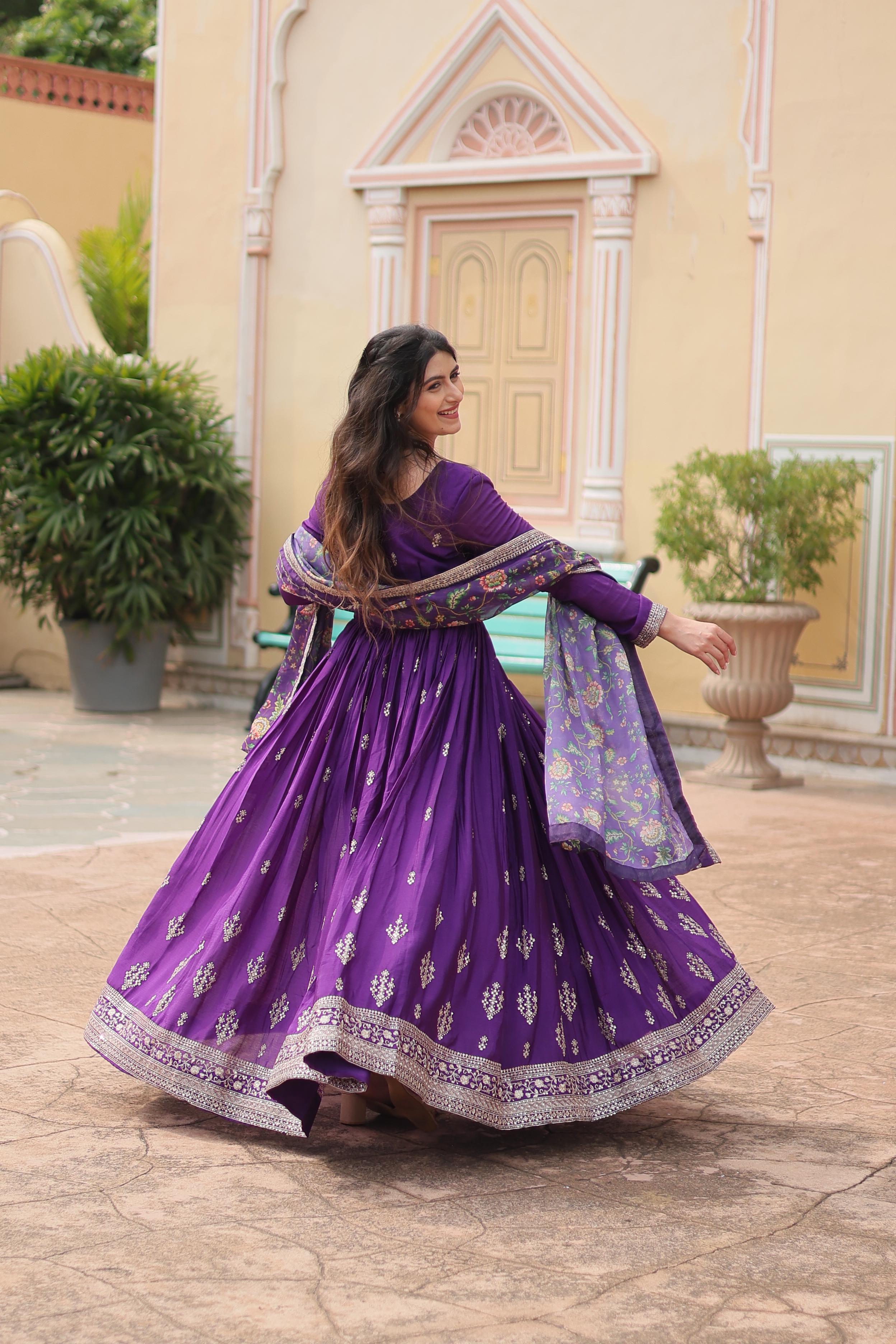 Chinon Gown with Dupatta and Embroidery Sequins Work