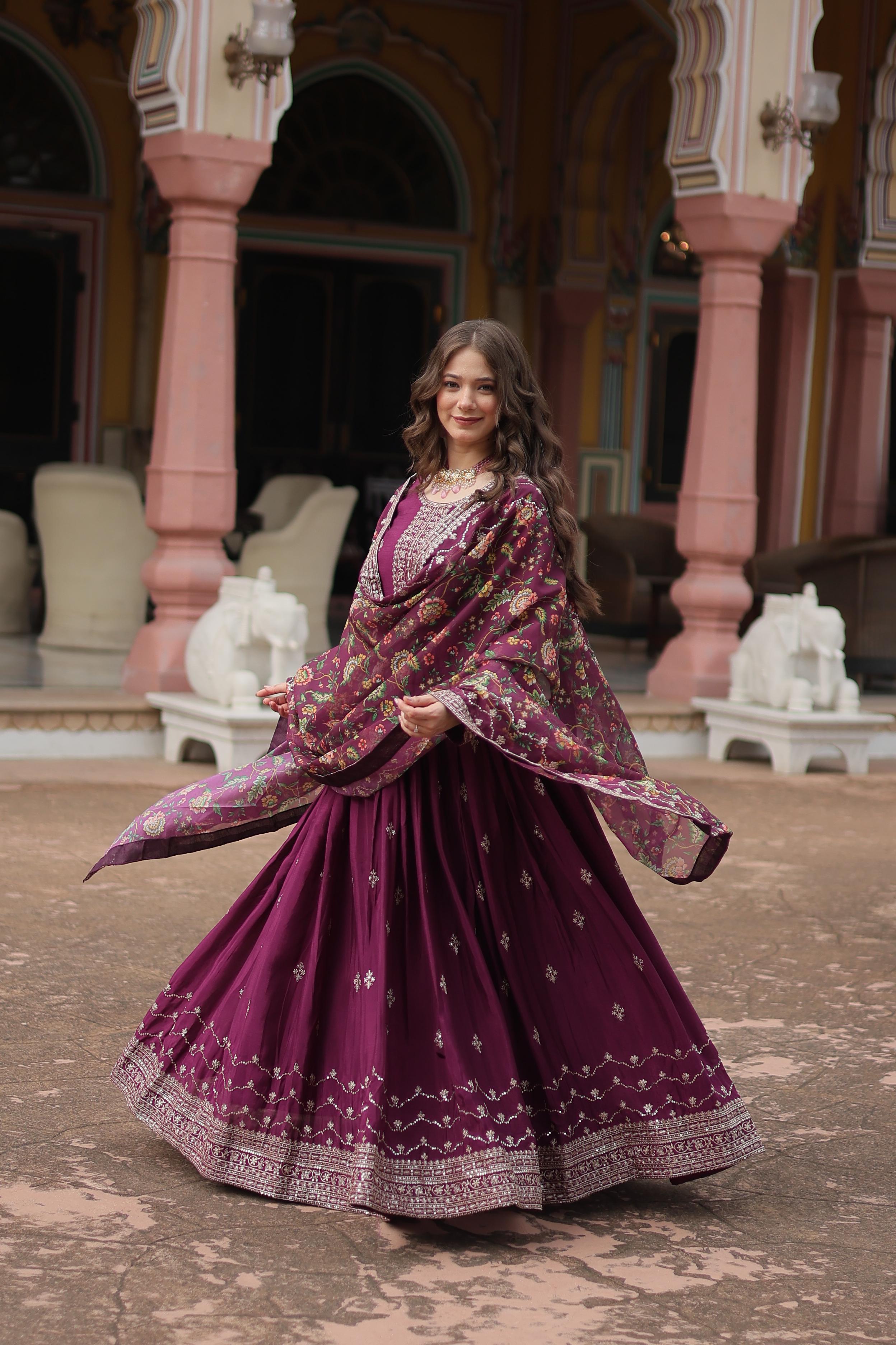 Chinon Gown with Dupatta and Embroidery Sequins Work