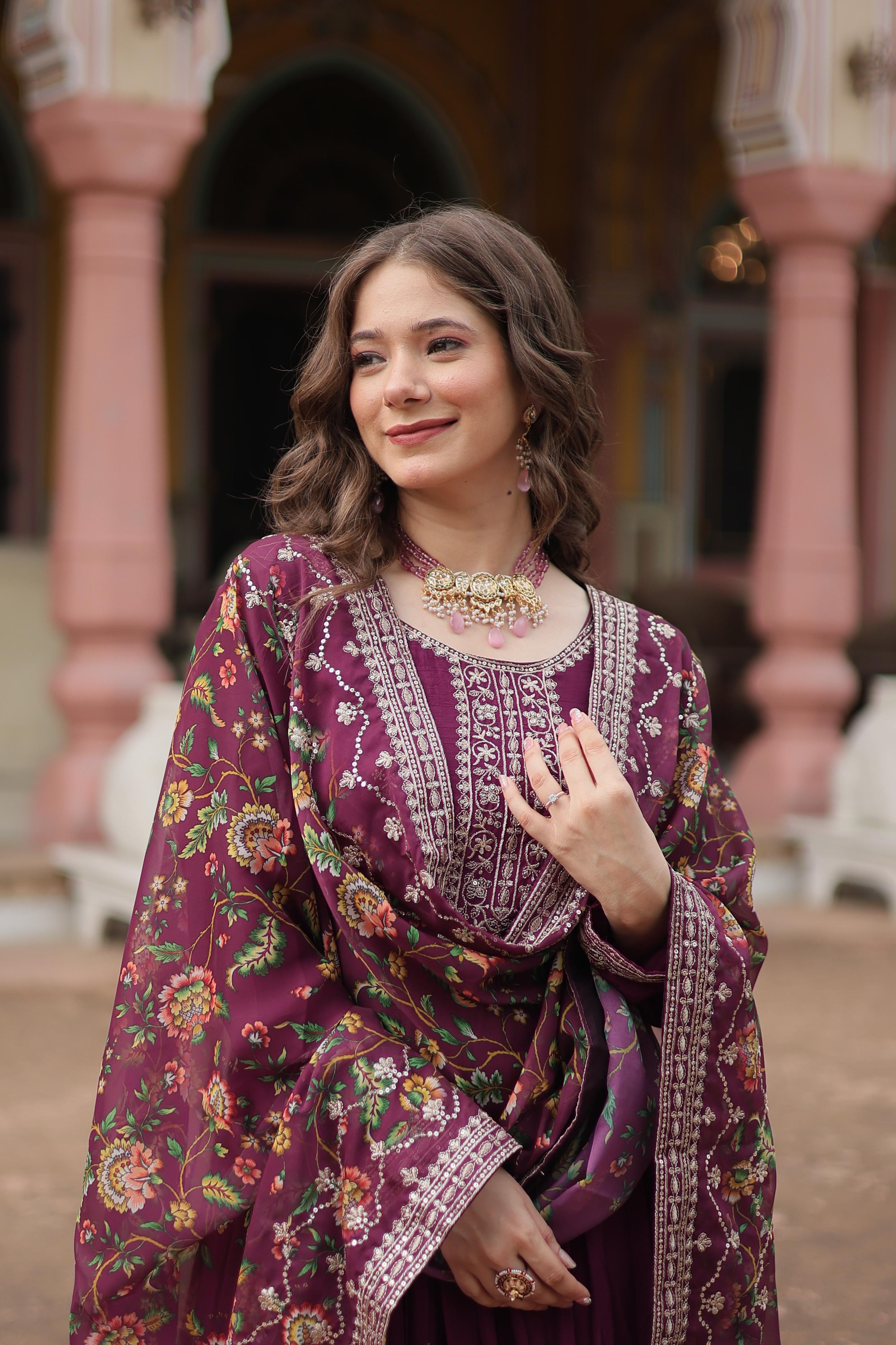 Chinon Gown with Dupatta and Embroidery Sequins Work