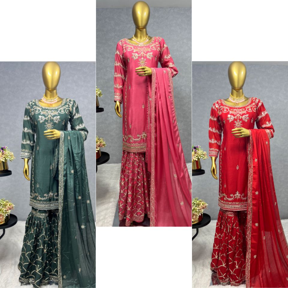 3 PIECE KURTI - SHARARA Set With Dupatta And Embroidery Sequence Work