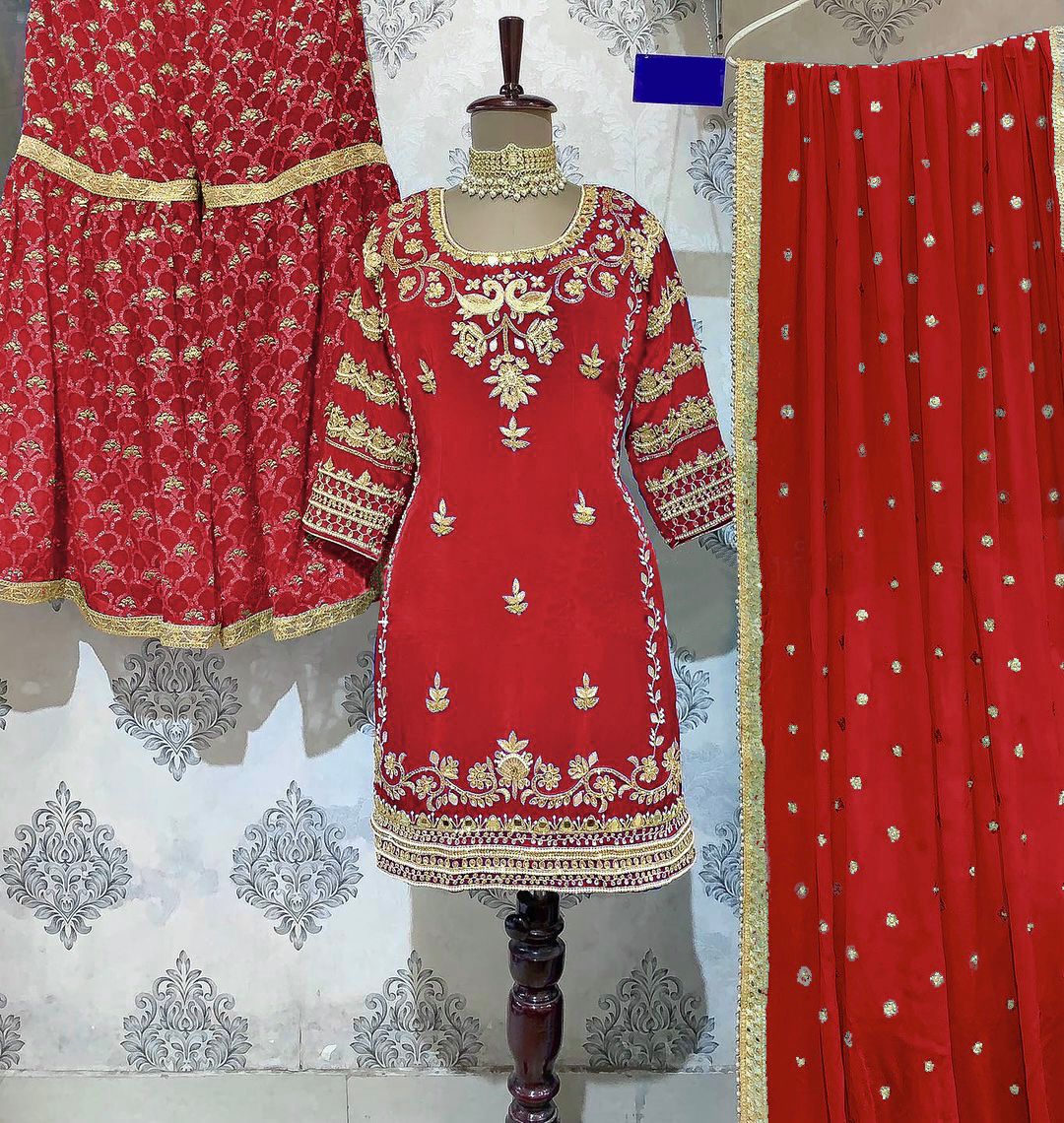 3 PIECE KURTI - SHARARA Set With Dupatta And Embroidery Sequence Work