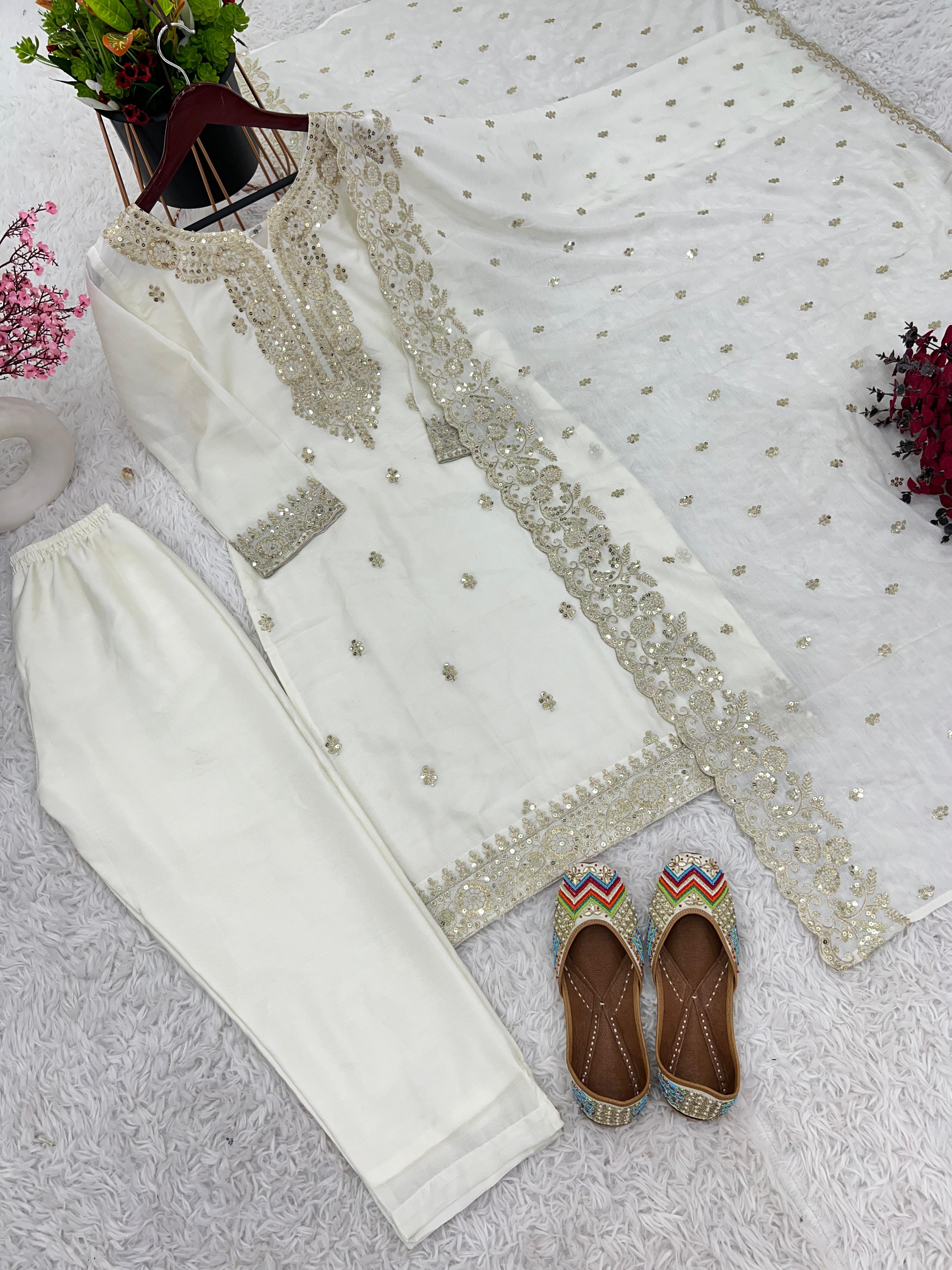 Pure Chinnon With Embroidery Sequence Work Top-Bottom And Dupatta Set - Fully Stitched