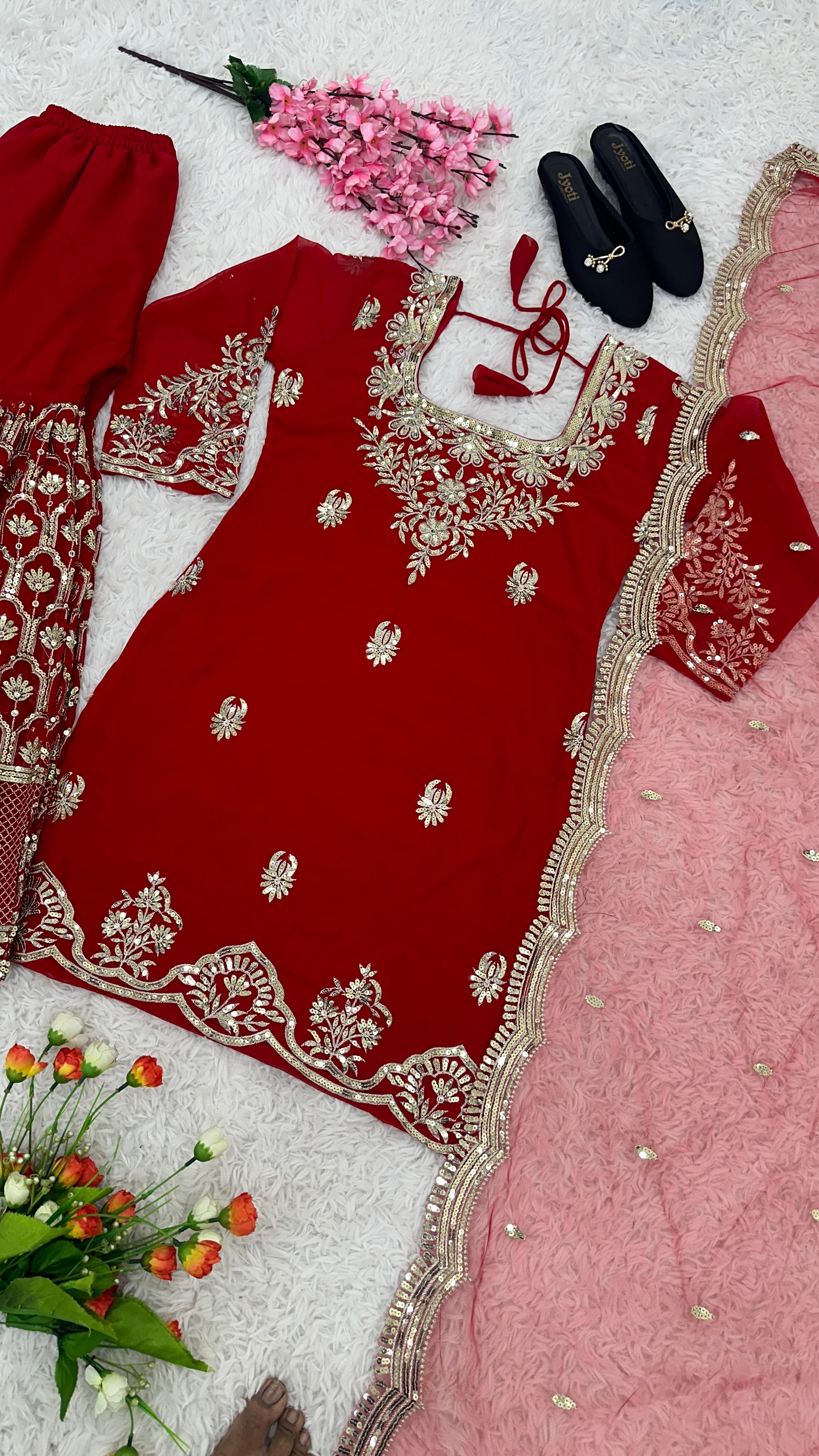 Heavy Georgette Embroidery Sequence Work Top, Dupatta &  Sharara