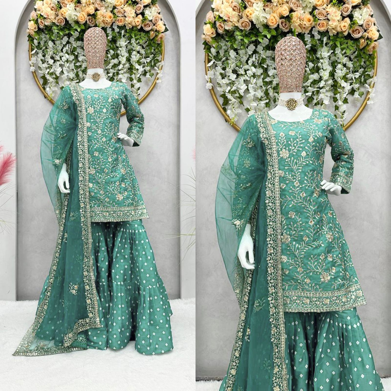 Designer Suit on Crep Satin Febric with Thred & Sequnce work and sharara with Dupatta