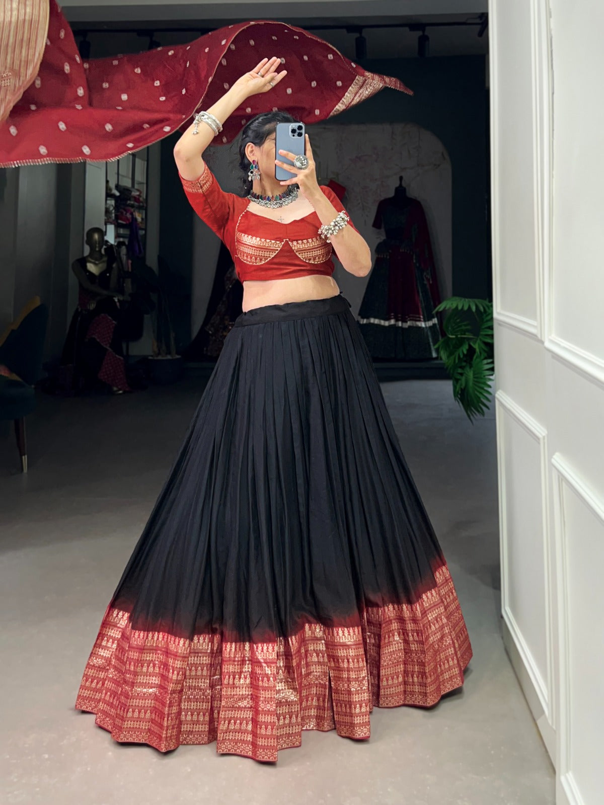 Pure Chanderi Lehenga with Zari Weaving Work Border and Bandhej Print Dupatta