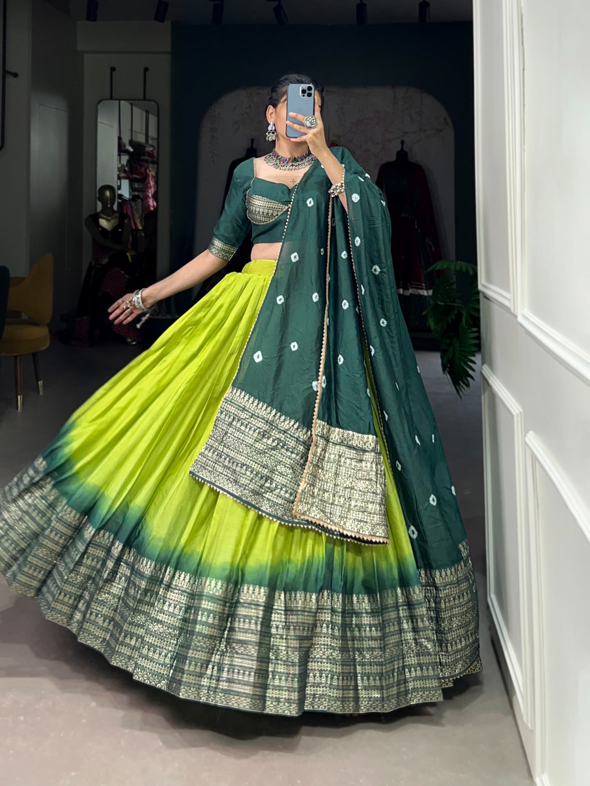 Pure Chanderi Lehenga with Zari Weaving Work Border and Bandhej Print Dupatta