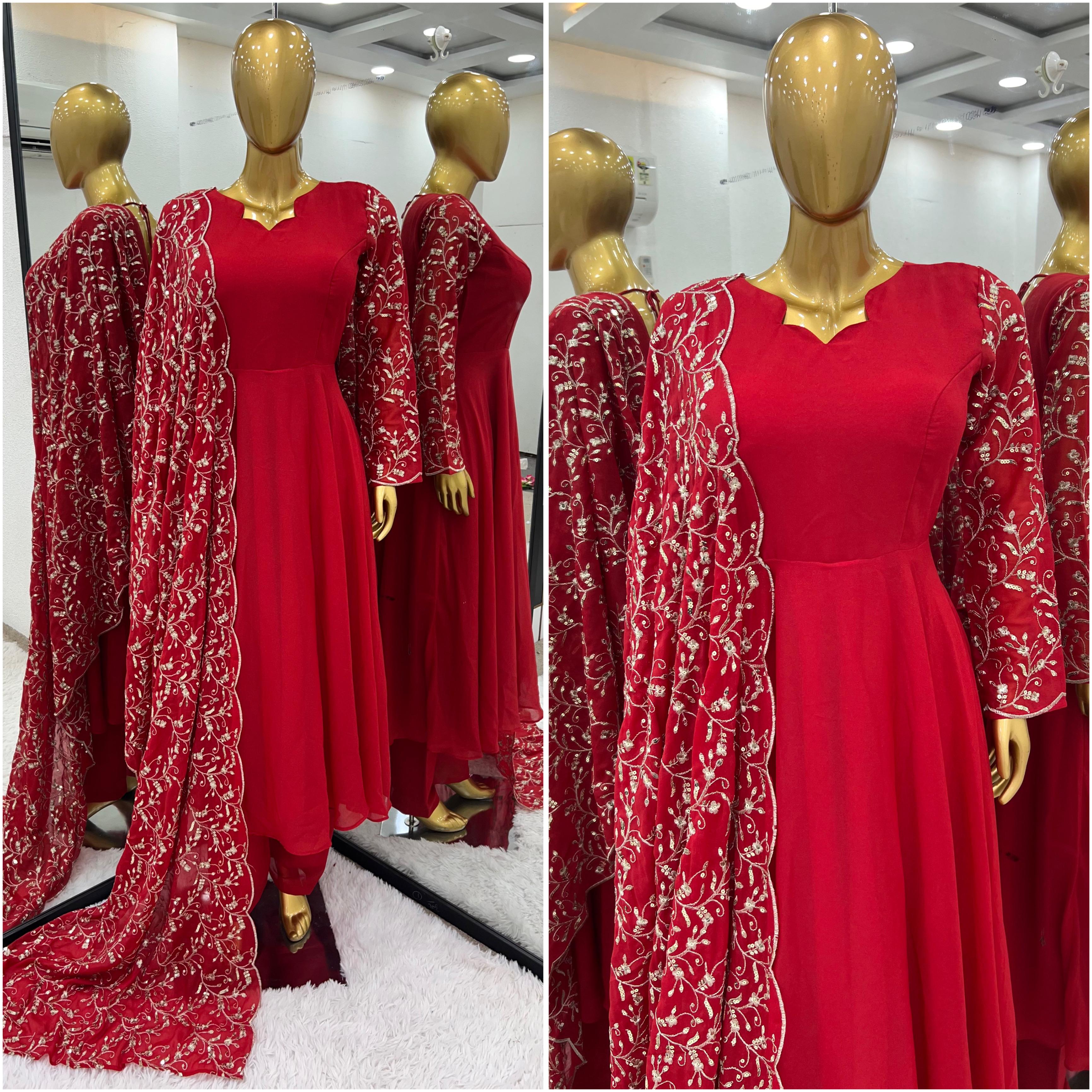 Georgette Gown with Embroidered Dupatta and  Bottom - Ready To Wear