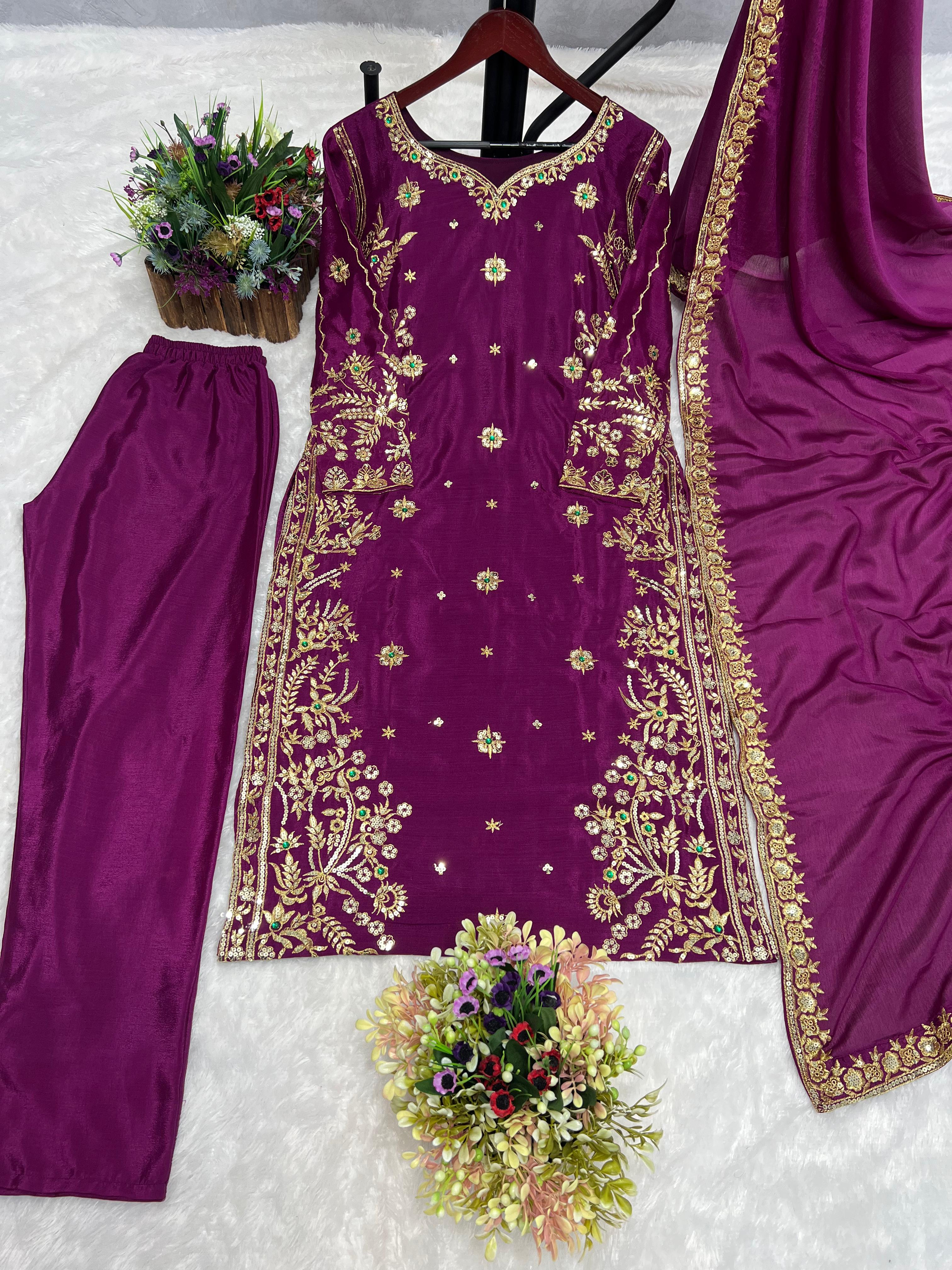 3-Piece Pure Chinon Silk Kurti Set with Embroidery Sequence Work With Bottom, and Dupatta