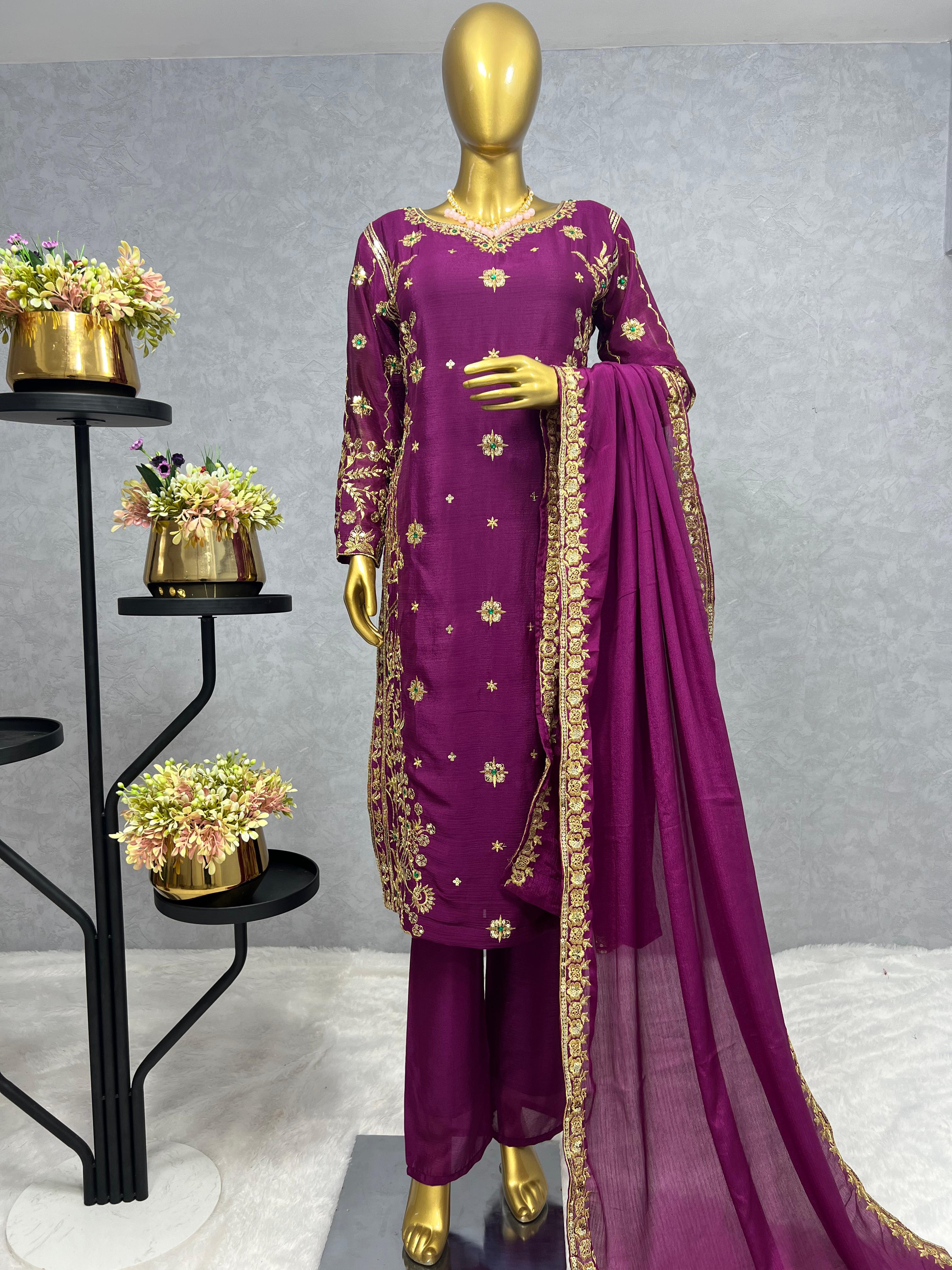 3-Piece Pure Chinon Silk Kurti Set with Embroidery Sequence Work With Bottom, and Dupatta